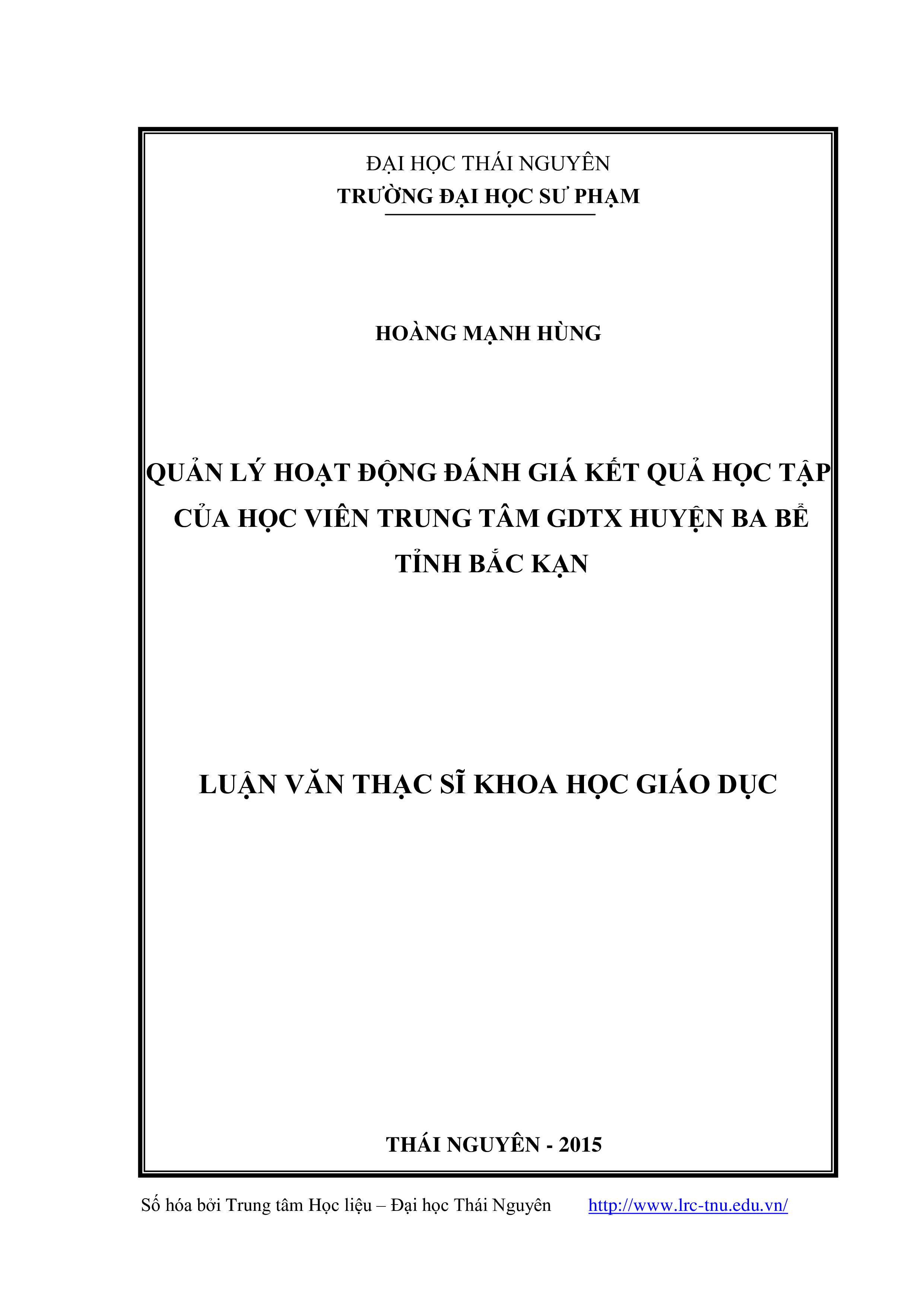 Quản lý hoạt động đánh giá kết quả học tập của học viên trung tâm giáo dục thường xuyên huyện Ba Bể tỉnh Bắc Kạn