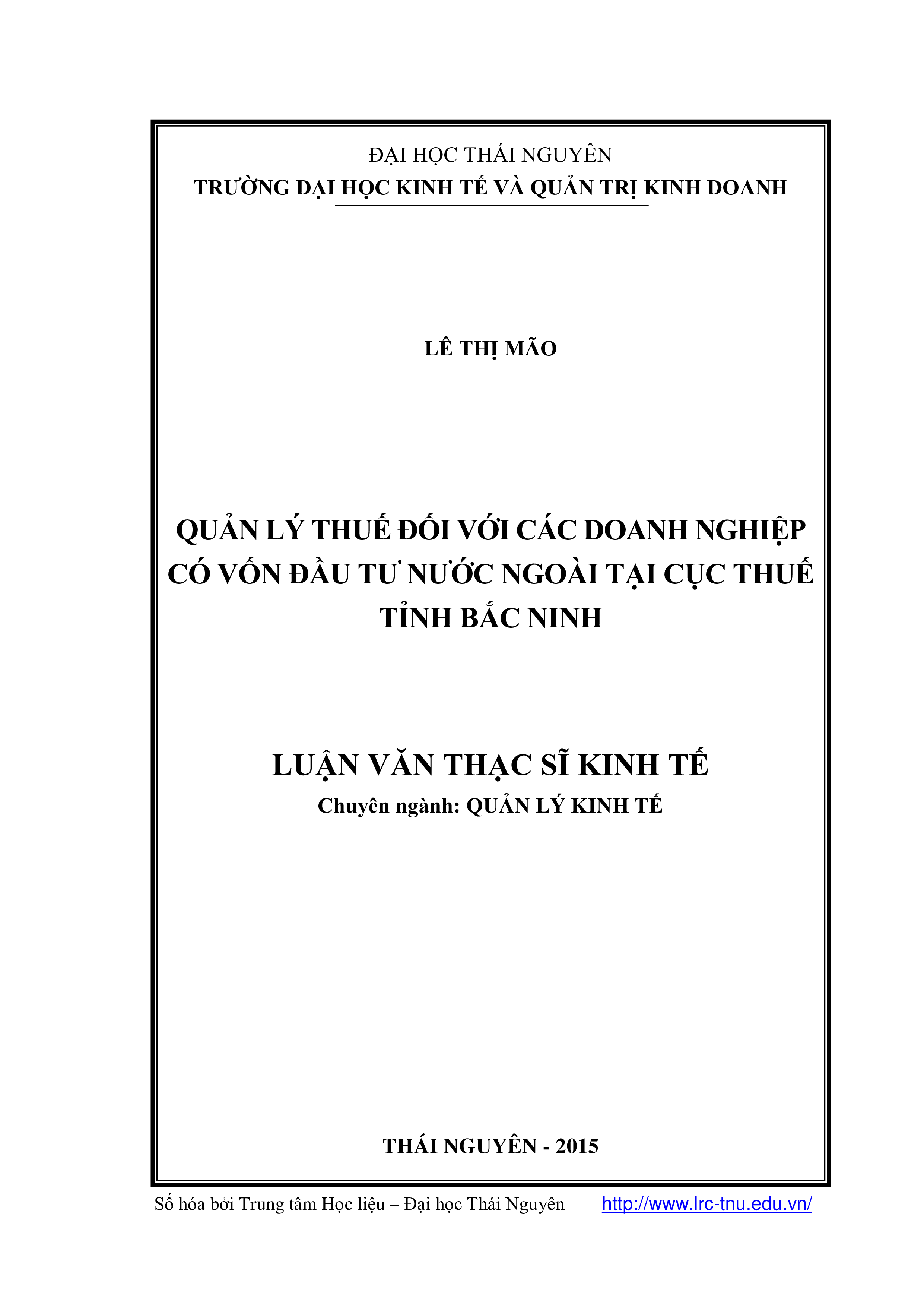 Quản lý thuế đối với các doanh nghiệp có vốn đầu tư nước ngoài tại cục thuế tỉnh Bắc Ninh