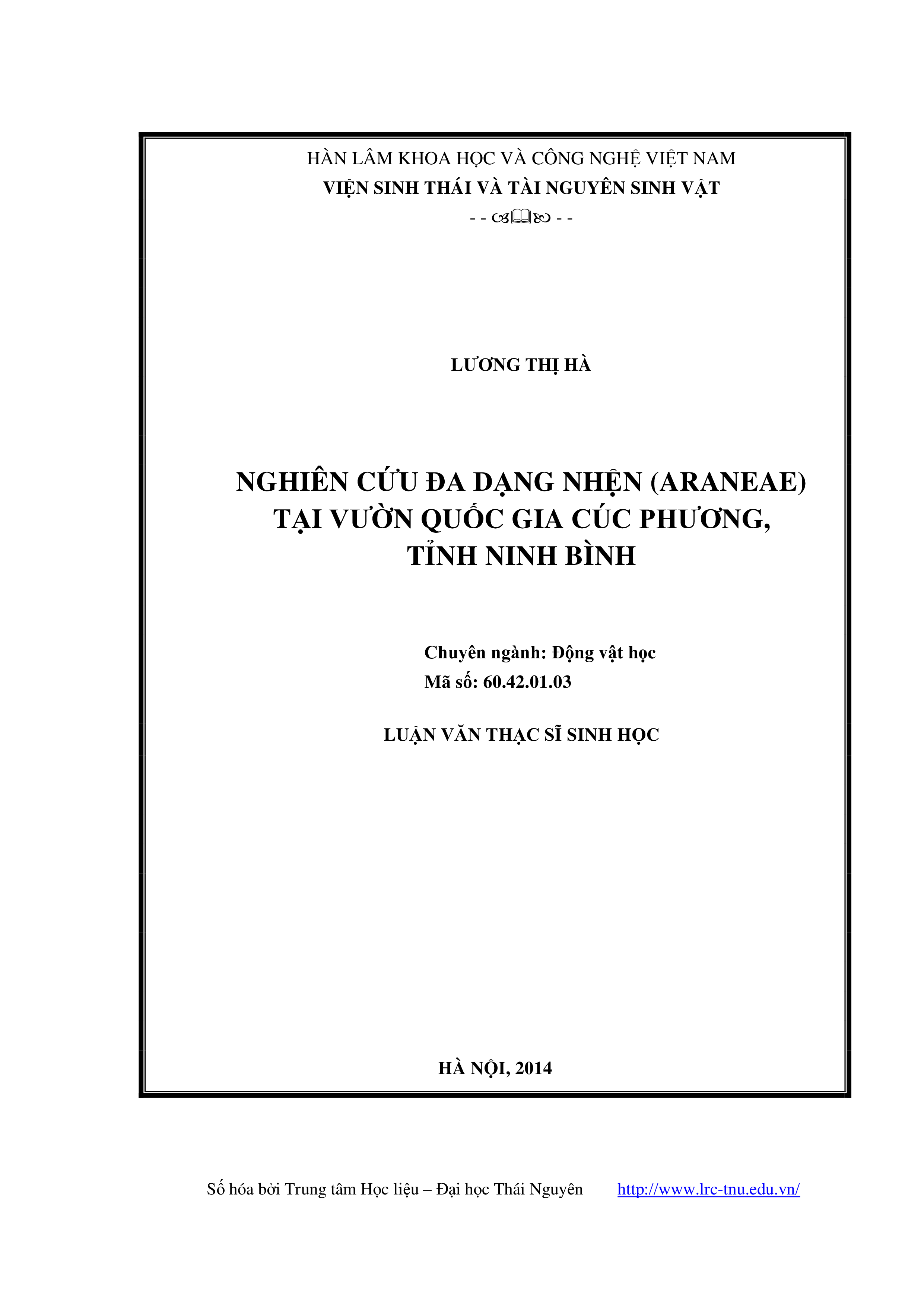 Nghiên cứu đa dạng nhện (Araneae) tại vườn Quốc gia Cúc Phương, tỉnh Ninh Bình