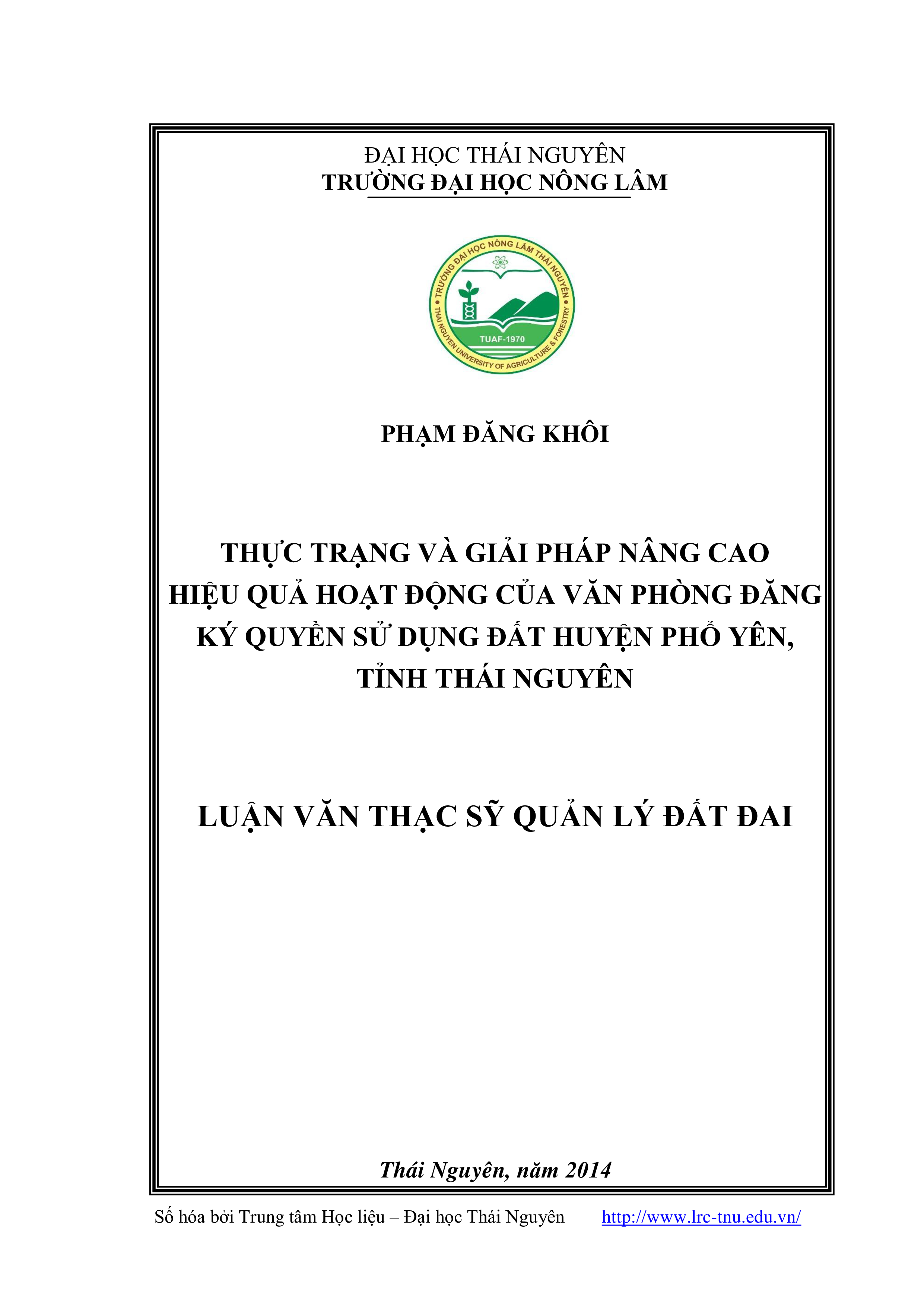 Thực trạng và giải pháp nâng cao hiệu quả hoạt động của văn phòng đăng ký quyền sử dụng đất Huyện Phổ Yên, tỉnh Thái Nguyên