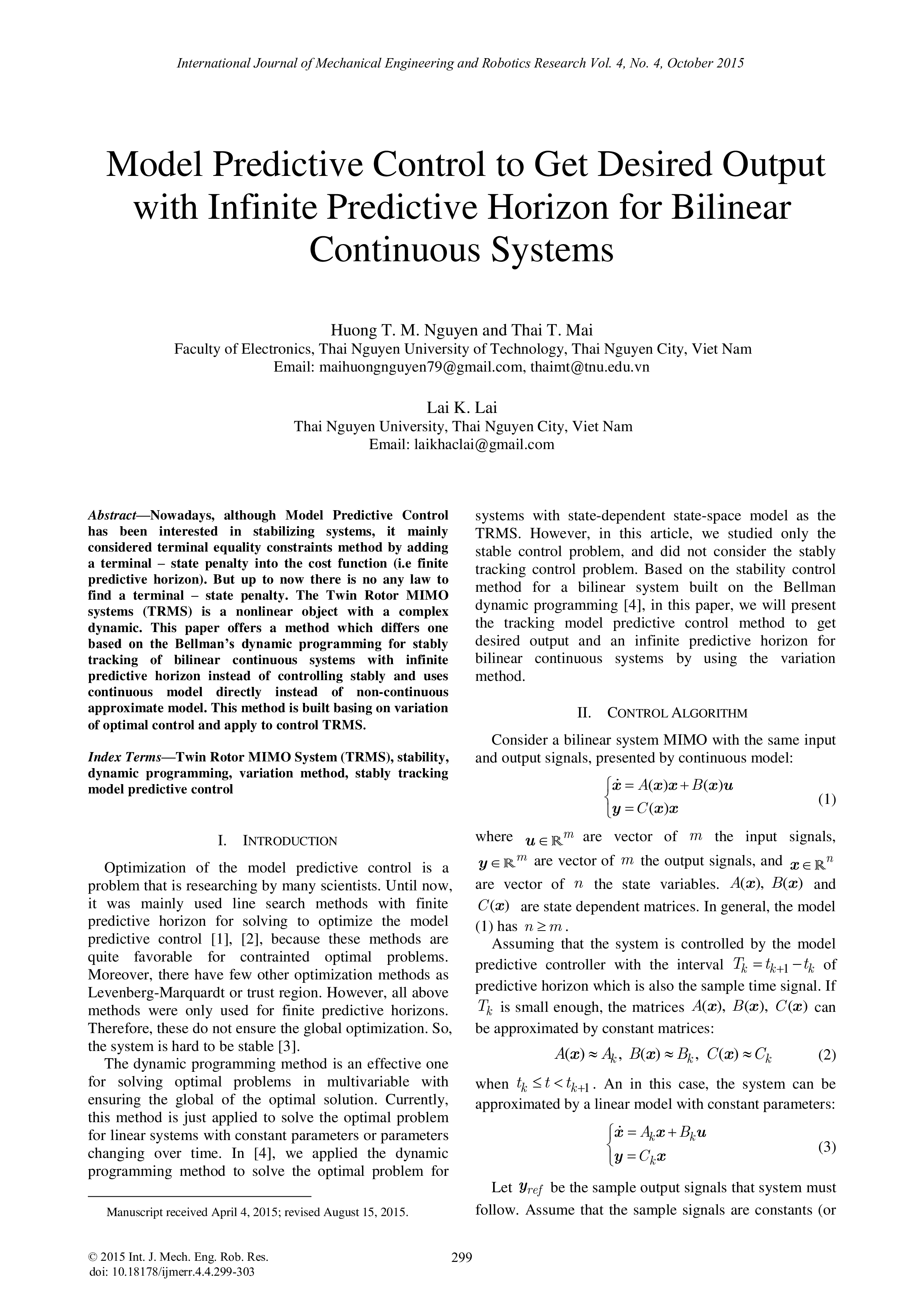 Model predictive control to get desired output with infinite predictive horizon for bilinear continuous systems