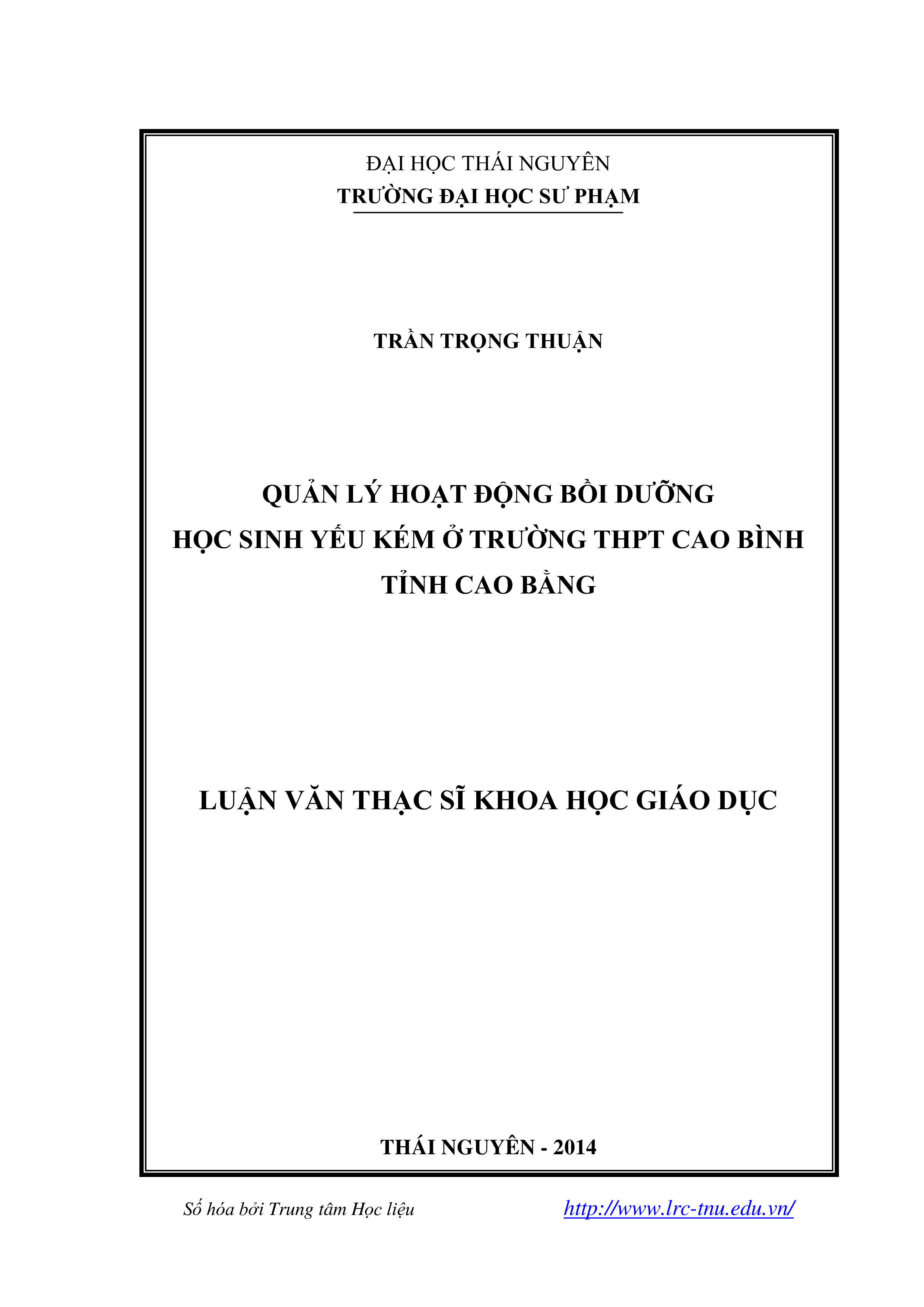 Quản lý hoạt động bồi dưỡng học sinh yếu kém ở trường THPT Cao Bình tỉnh Cao Bằng