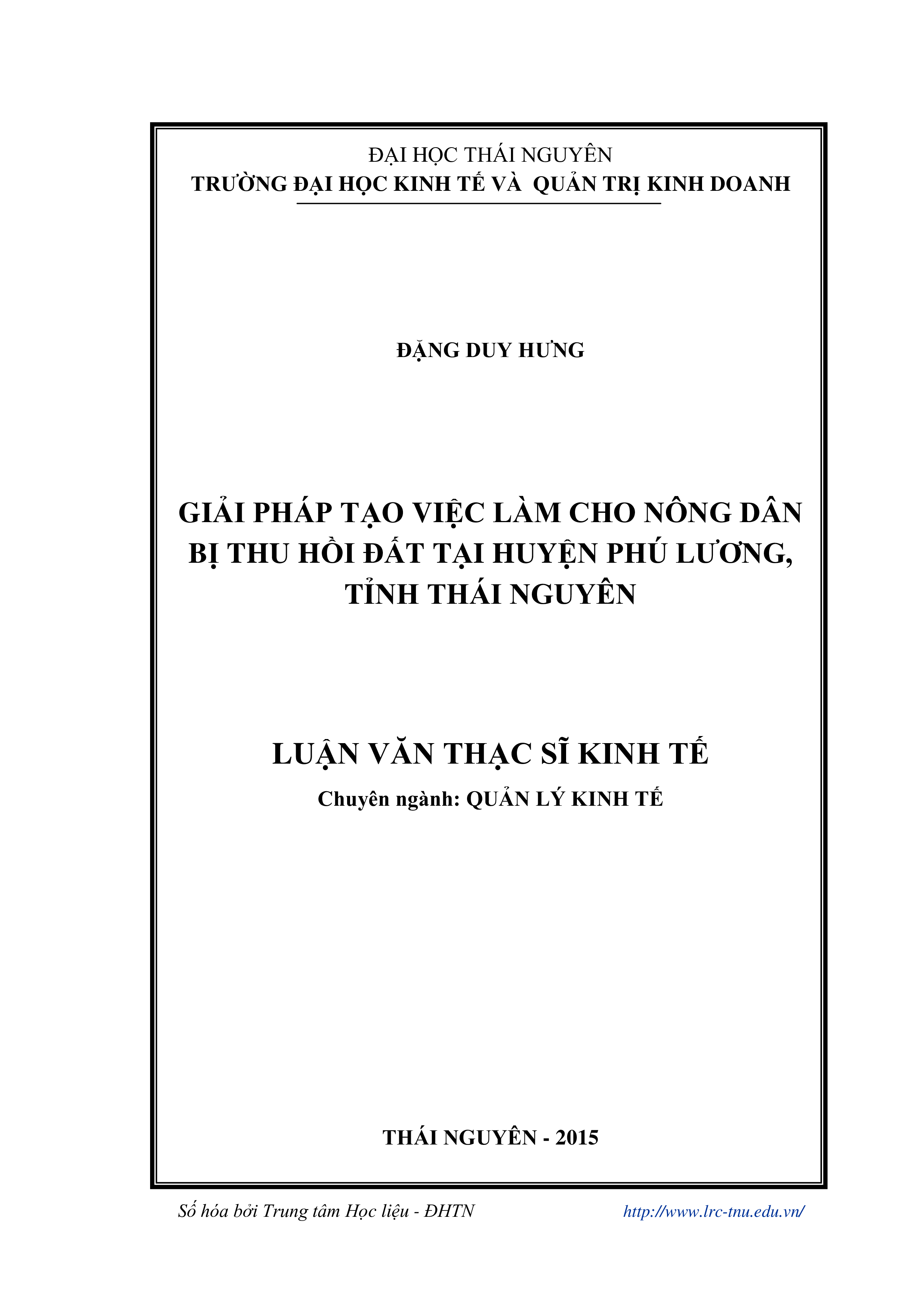 Giải pháp tạo việc làm cho nông dân bị thu hồi đất tại huyện Phú Lương, tỉnh Thái Nguyên