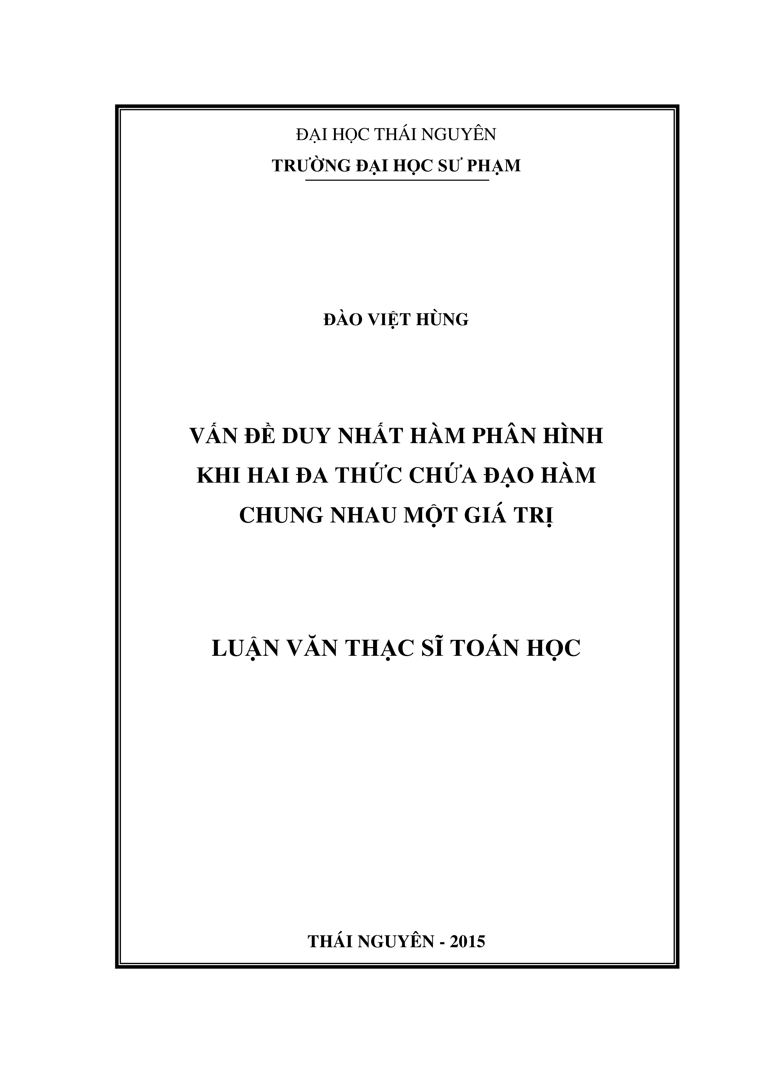 Vấn đề duy nhất hàm phân hình khi hai đa thức chứa đạo hàm chung nhau một giá trị