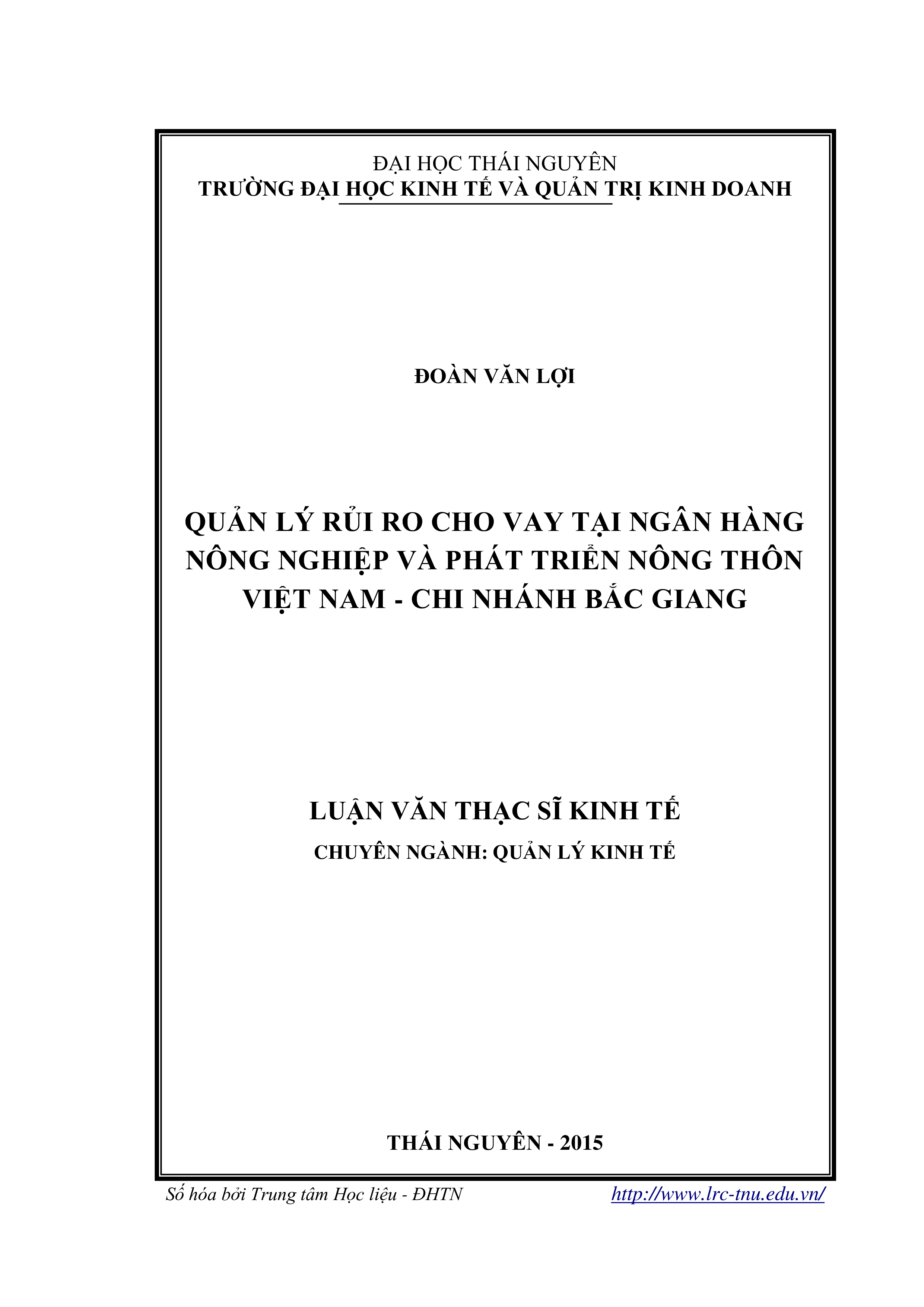 Quản lý rủi ro cho vay tại Ngân hàng Nông nghiệp và Phát triển nông thông Việt Nam, chi nhánh Bắc Giang