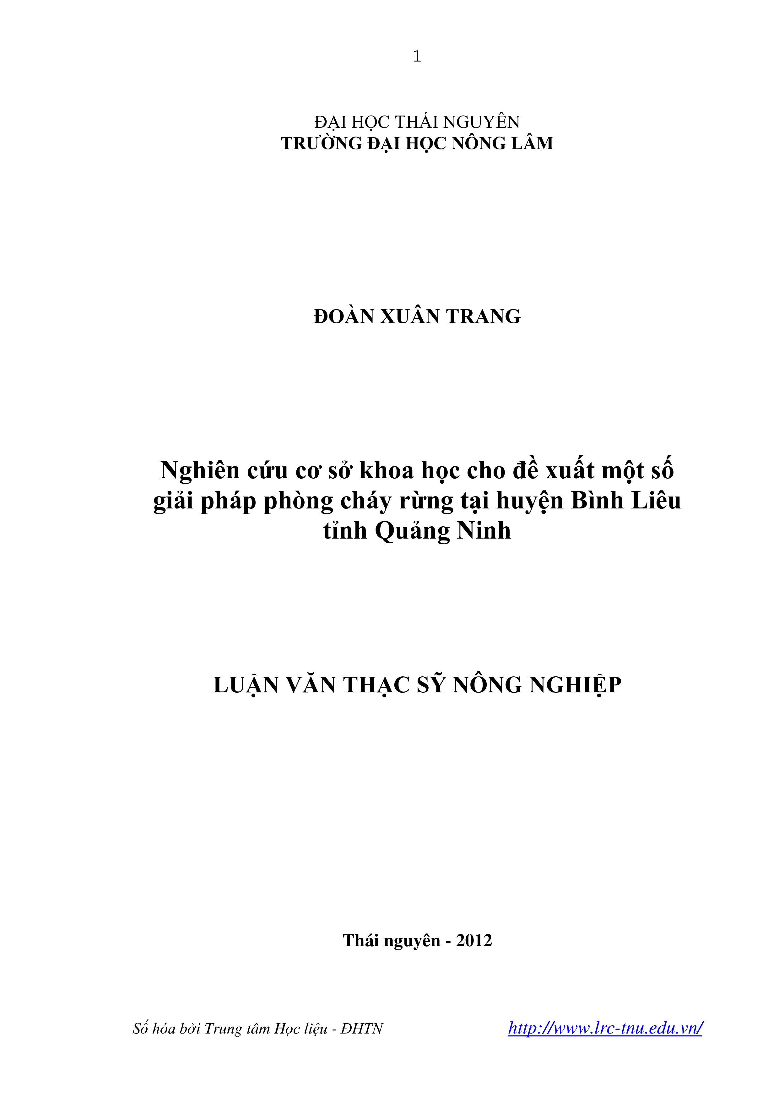 Nghiên cứu cơ sở khoa học cho đề xuất một số giải pháp phòng cháy rừng tại huyện Bình Liêu tỉnh Quảng Ninh