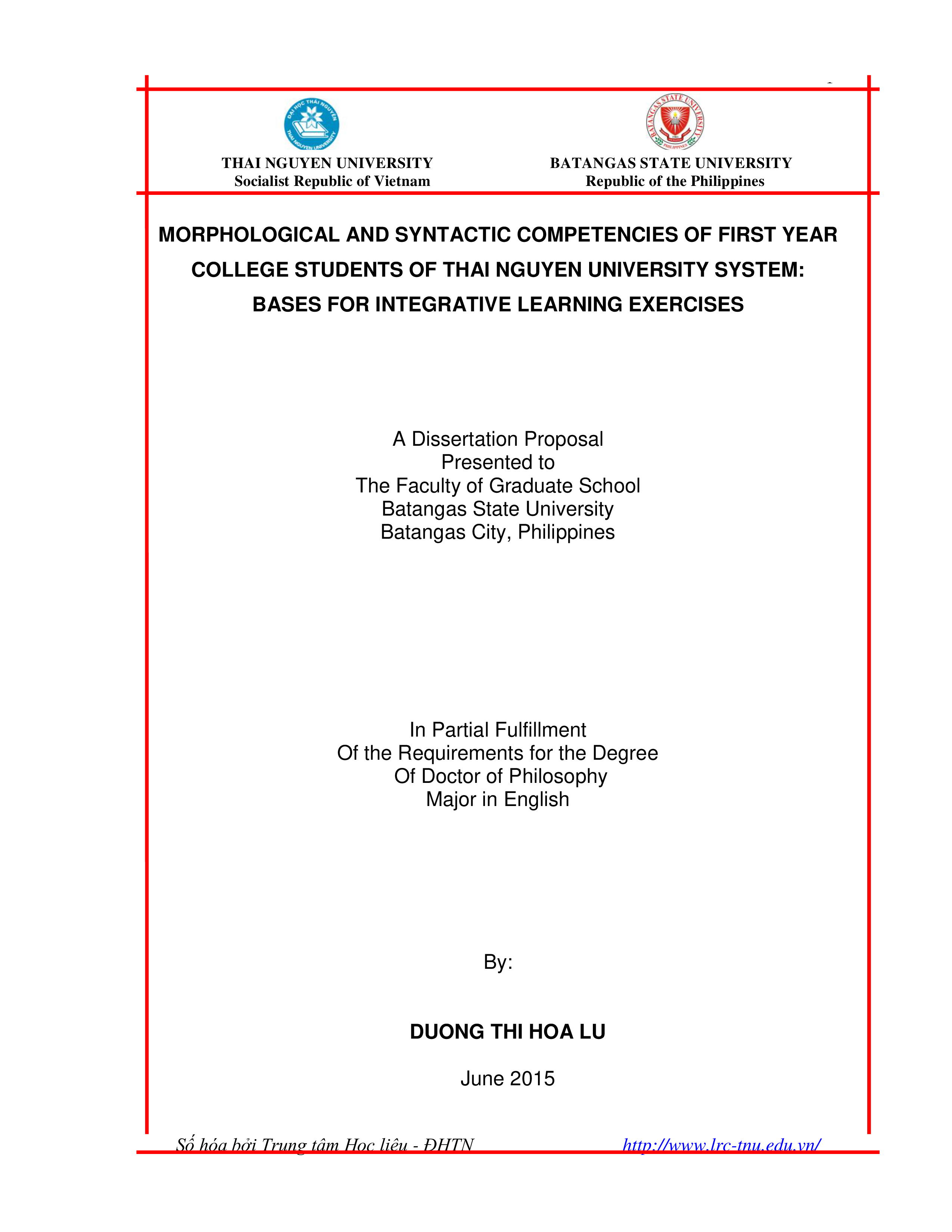 Morphological and syntactic competencies of first year college students of Thai Nguyen University System: Bases for integrative learning exercises