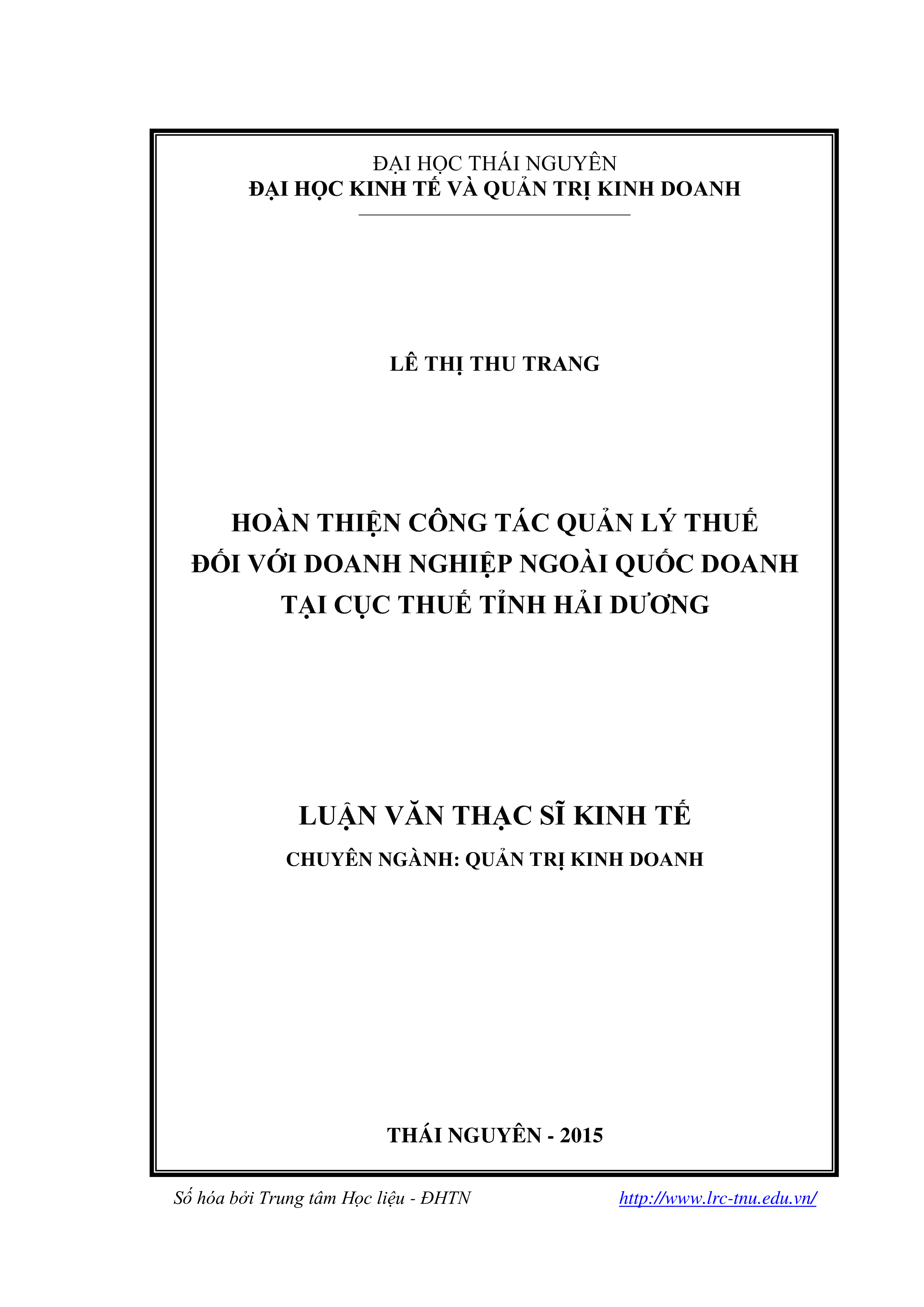 Hoàn thiện công tác quản lý thuế đối với doanh nghiệp ngoài quốc doanh tại Cục thuế tỉnh Hải Dương