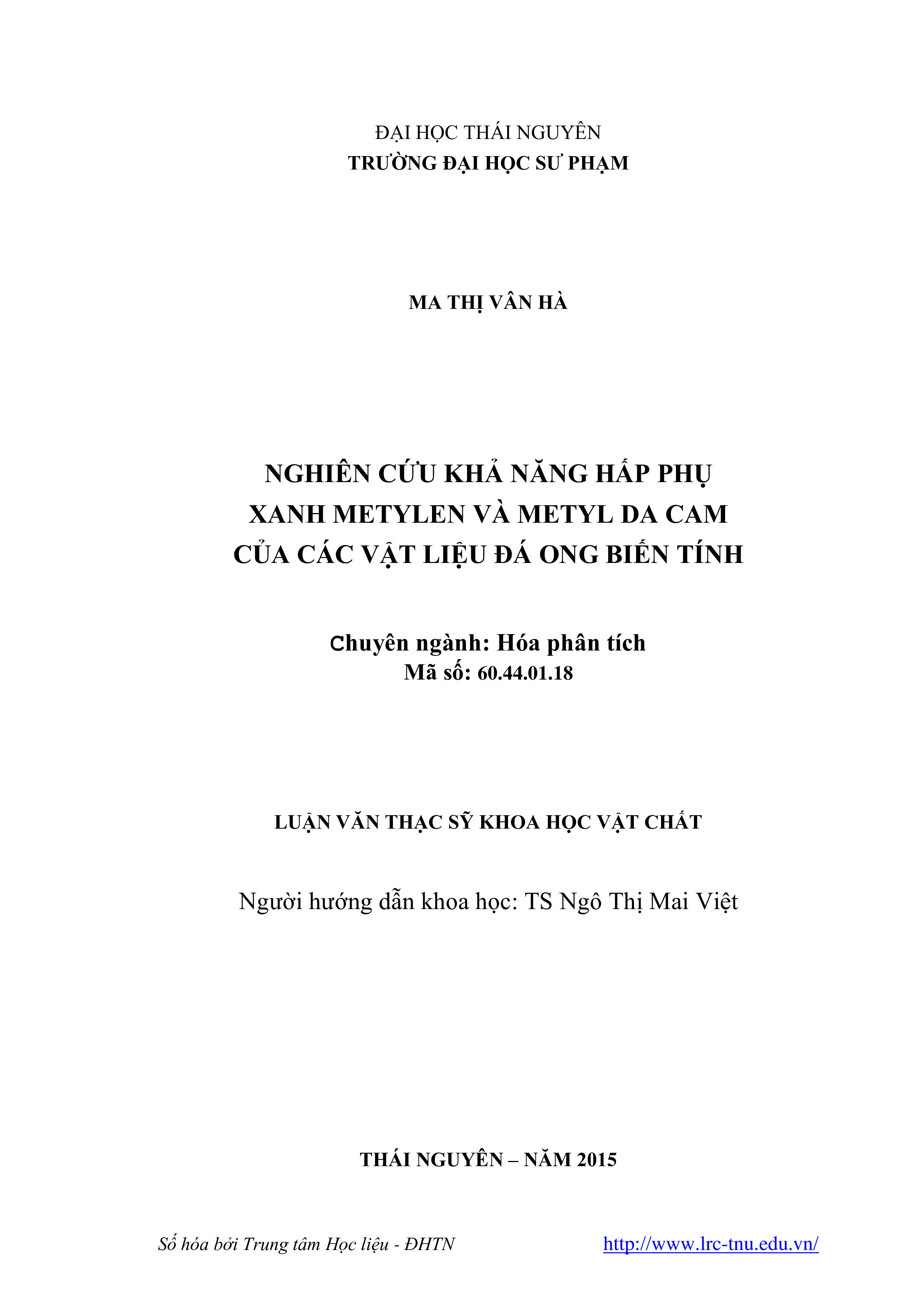 Nghiên cứu khả năng hấp phụ xanh metylen và metyl da cam của các vật liệu đá ong biến tính