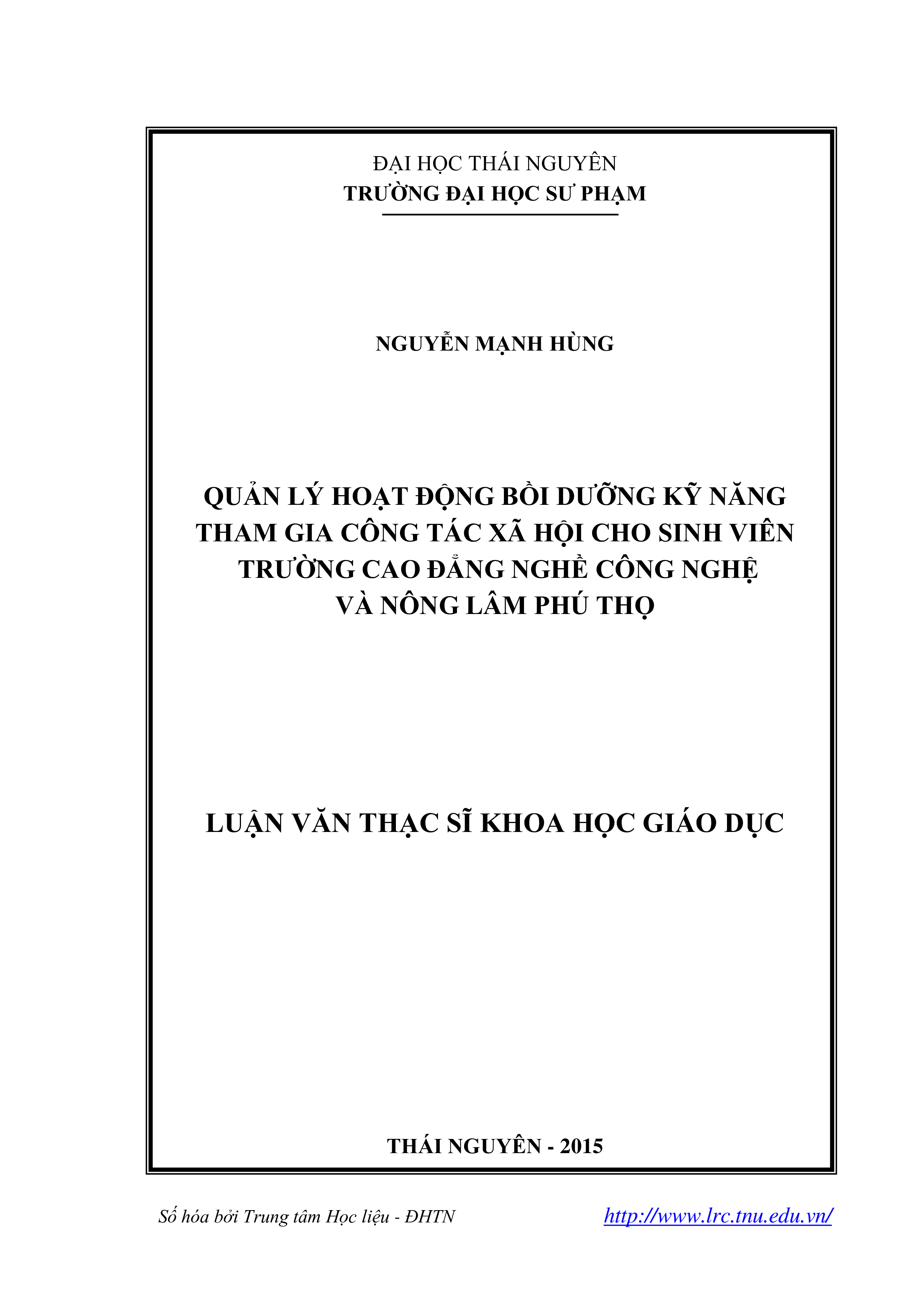 Quản lý hoạt động bồi dưỡng kỹ năng tham gia công tác xã hội cho sinh viên trường Cao đẳng nghề Công nghệ và Nông lâm Phú Thọ