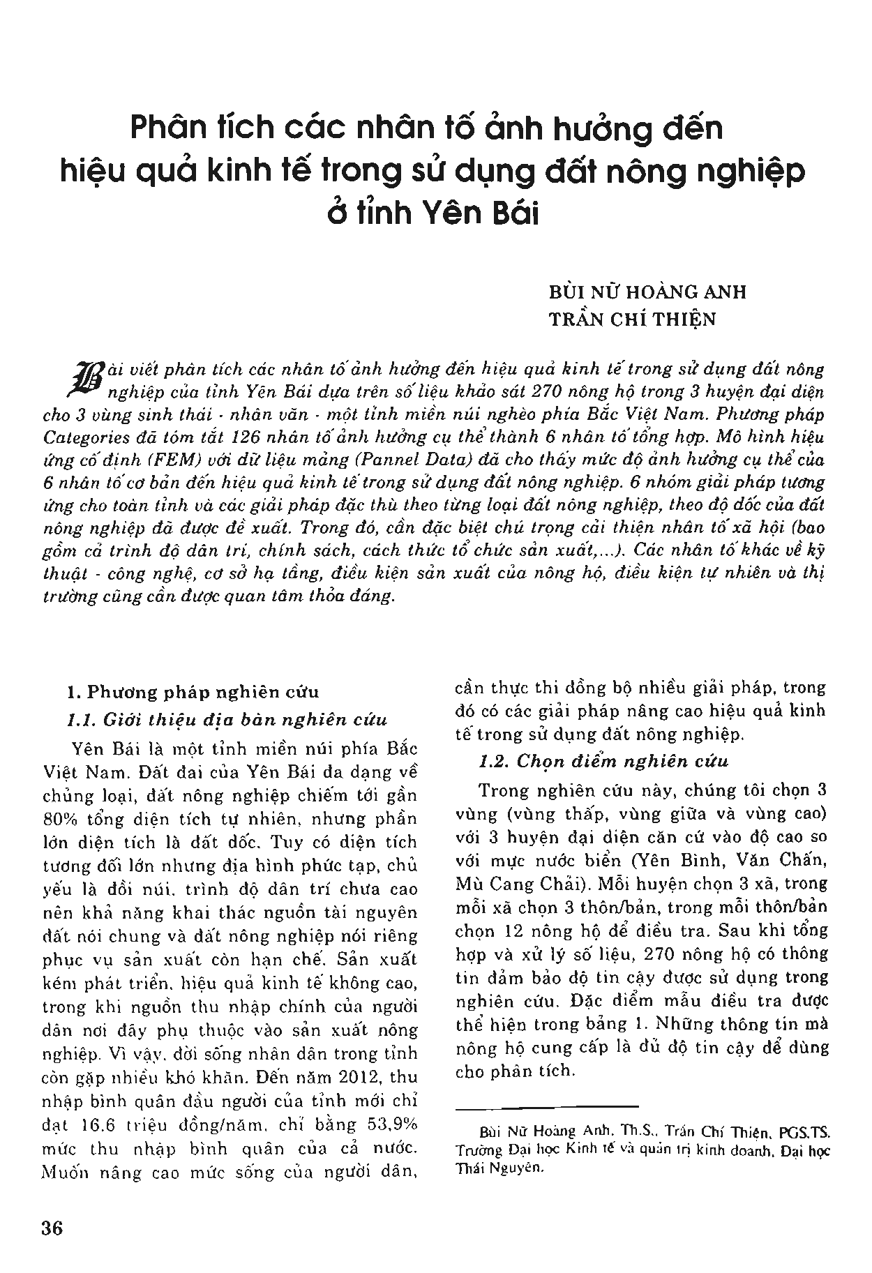 Phân tích các nhân tố ảnh hưởng đến hiệu quả kinh tế trong sử dụng đất nông nghiệp ở tỉnh Yên Bái