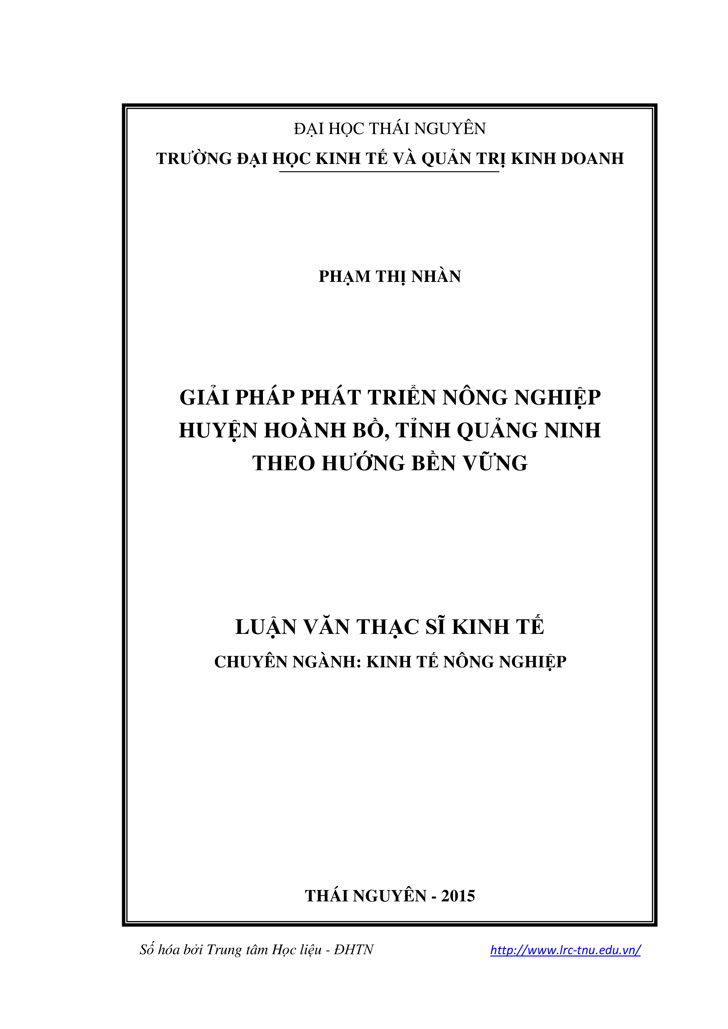 Giải pháp phát triển nông nghiệp huyện Hoành Bồ, tỉnh Quảng Ninh theo hướng bền vững