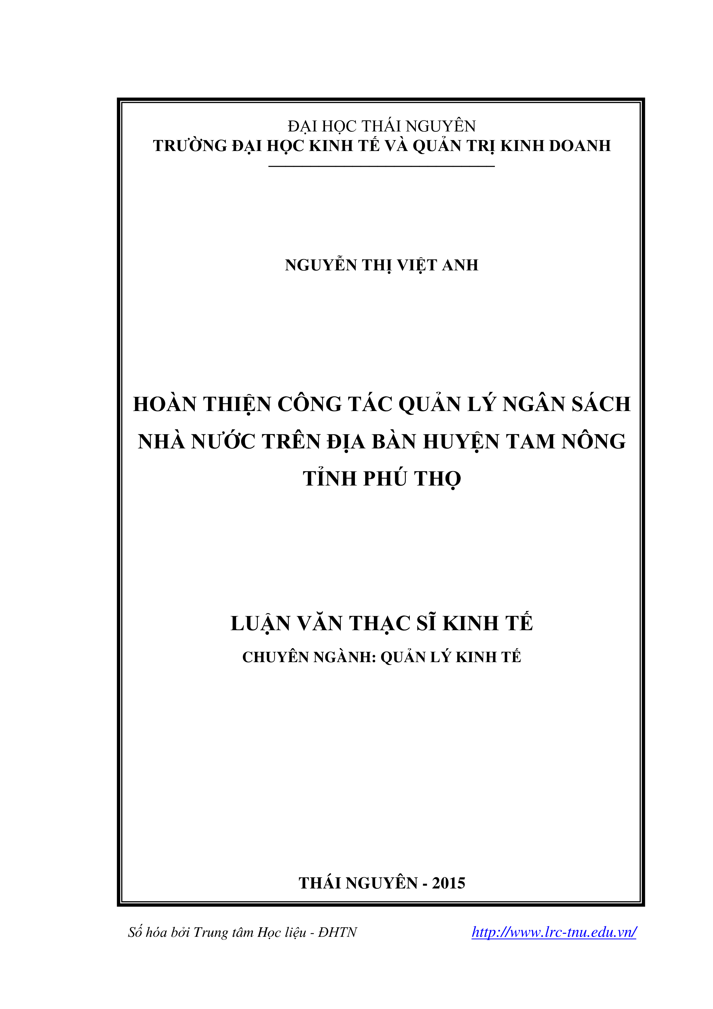 Hoàn thiện công tác quản lý ngân sách nhà nước trên địa bàn huyện Tam Nông tỉnh Phú Thọ