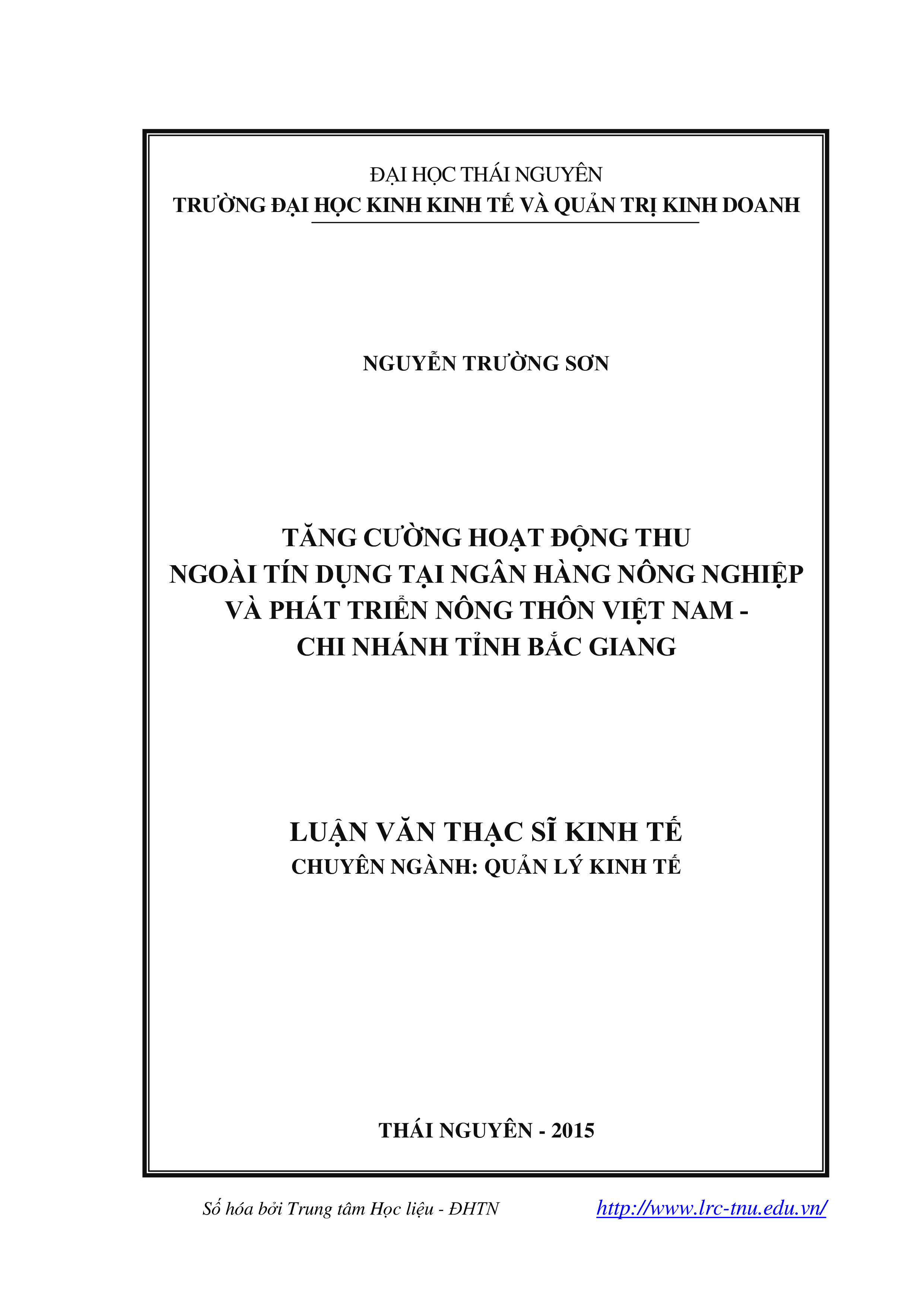 Tăng  cường  hoạt  động  thu  ngoài tín dụng tại Ngân hàng nông nghiệp và Phát triển nông thôn Việt Nam  - chi nhánh tỉnh Bắc Giang