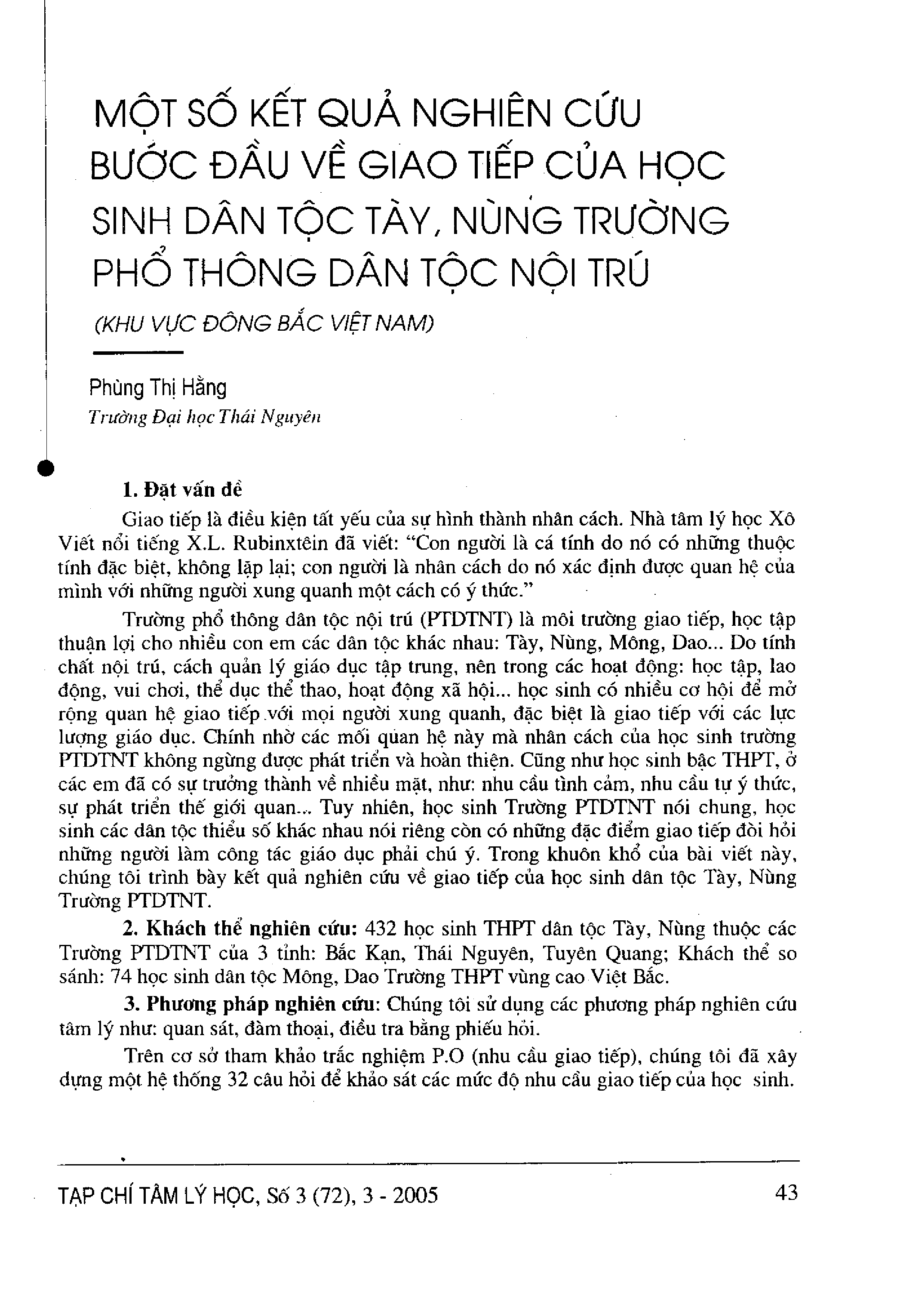 Một số kết quả nghiên cứu bước đầu về giao tiếp của học sinh dân tộc Tày, Nùng trường phổ thông dân tộc nội trú (khu vực Đông Bắc Việt Nam)