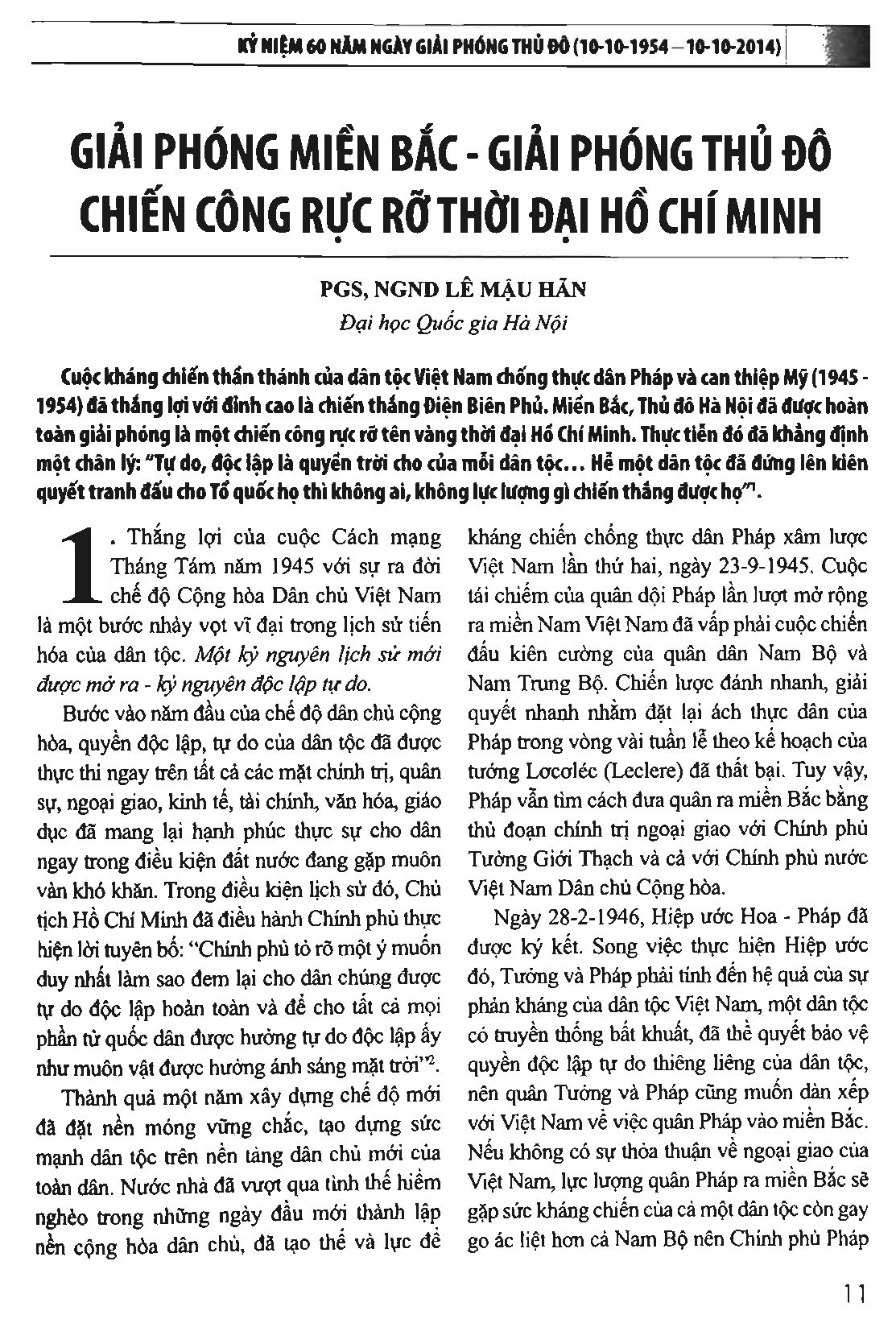 Giải phóng miền Bắc - giải phóng thủ đô chiến công rực rỡ thời đại Hồ Chí Minh