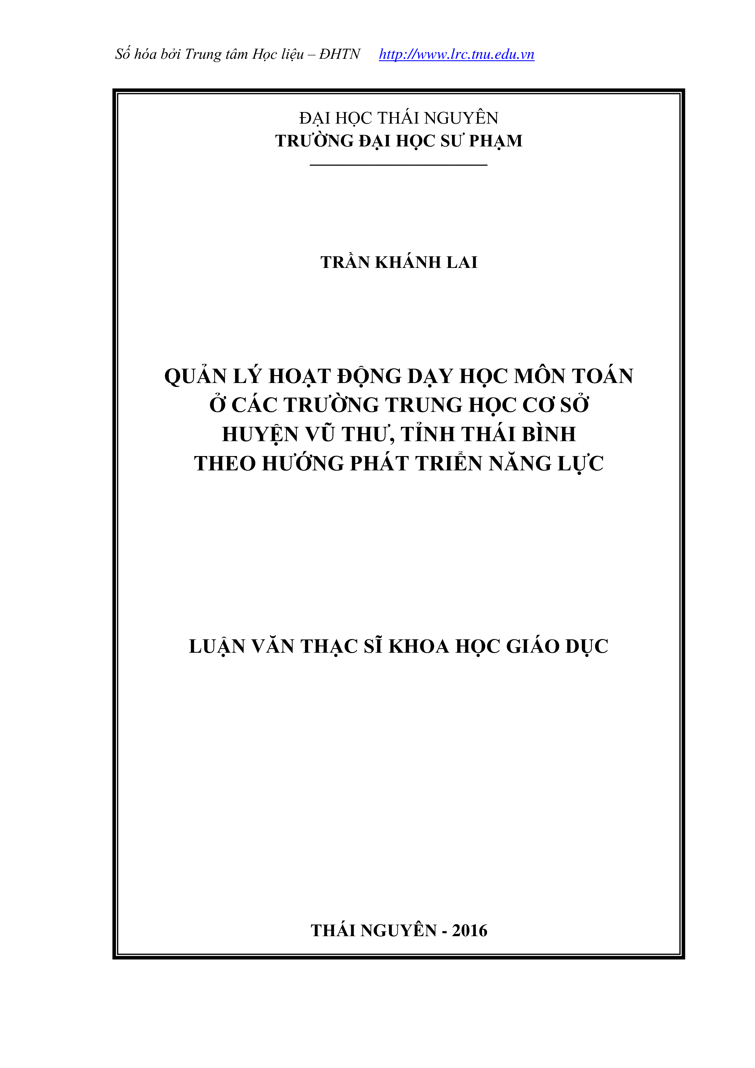 Quản lý hoạt động dạy học môn toán ở các trường trung học cơ sở huyện Vũ Thư, tỉnh Thái Bình theo hướng phát triển năng lực