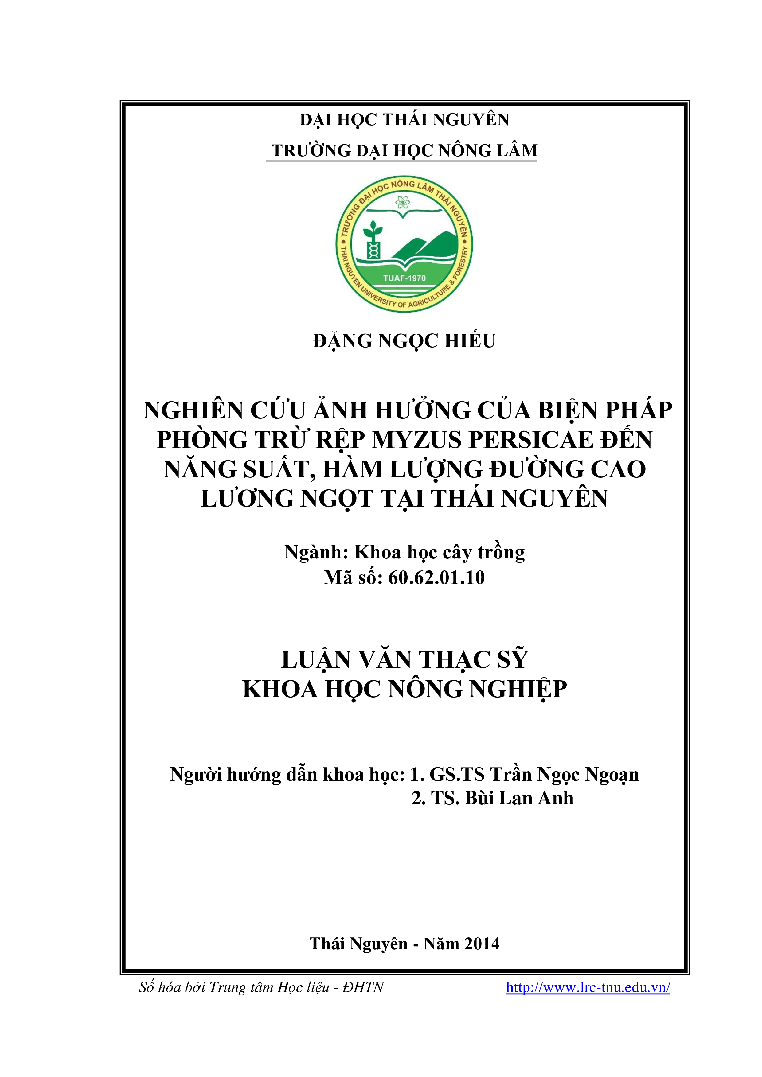 Nghiên cứu ảnh hưởng của biện pháp phòng trừ rệp Myzus persicae đến năng suất, hàm lượng đường cao lương ngọt  tại Thái Nguyên