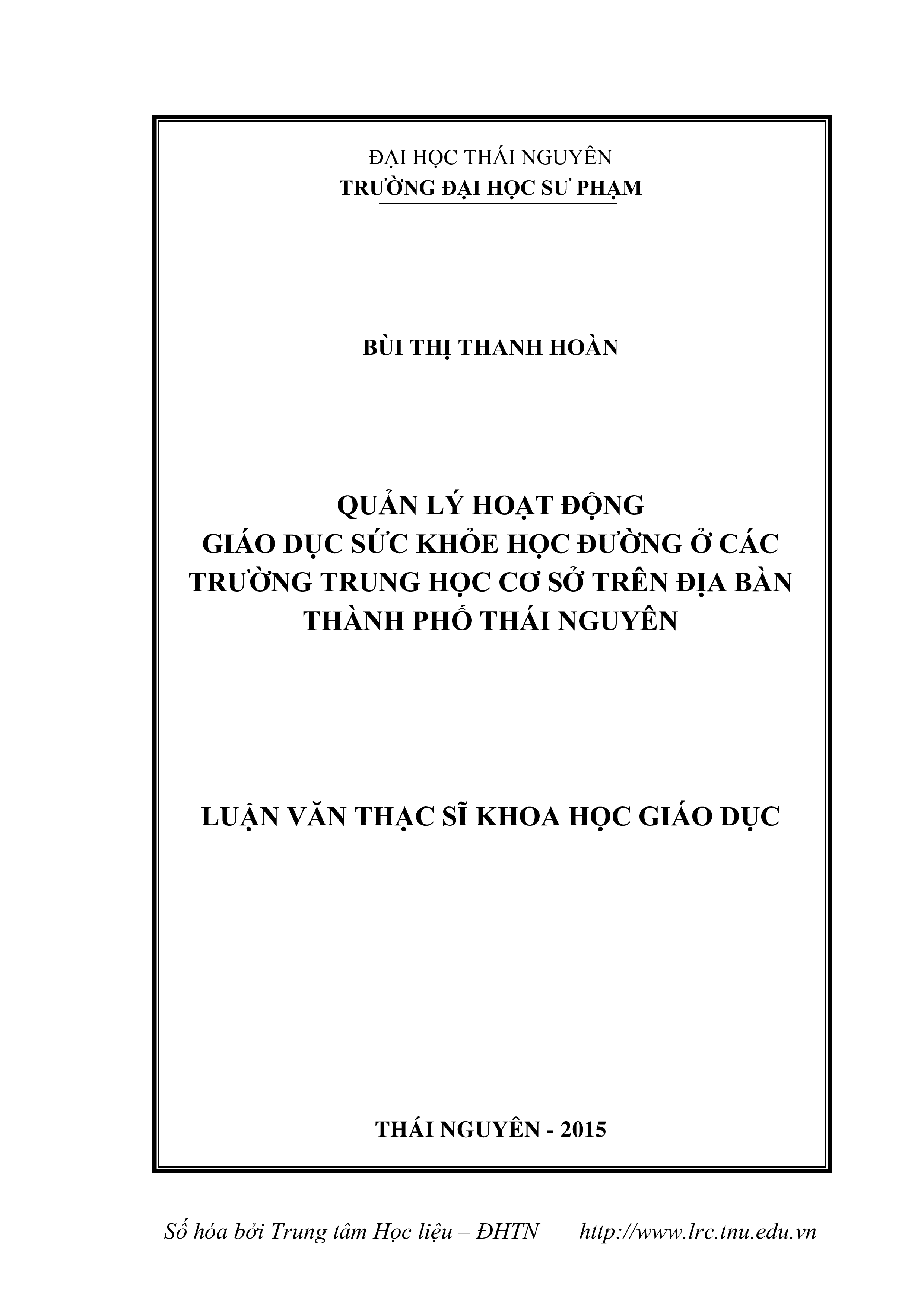 Quản lý hoạt động giáo dục sức khỏe học đường ở các trường Trung học Cơ sở trên địa bàn thành phố Thái Nguyên