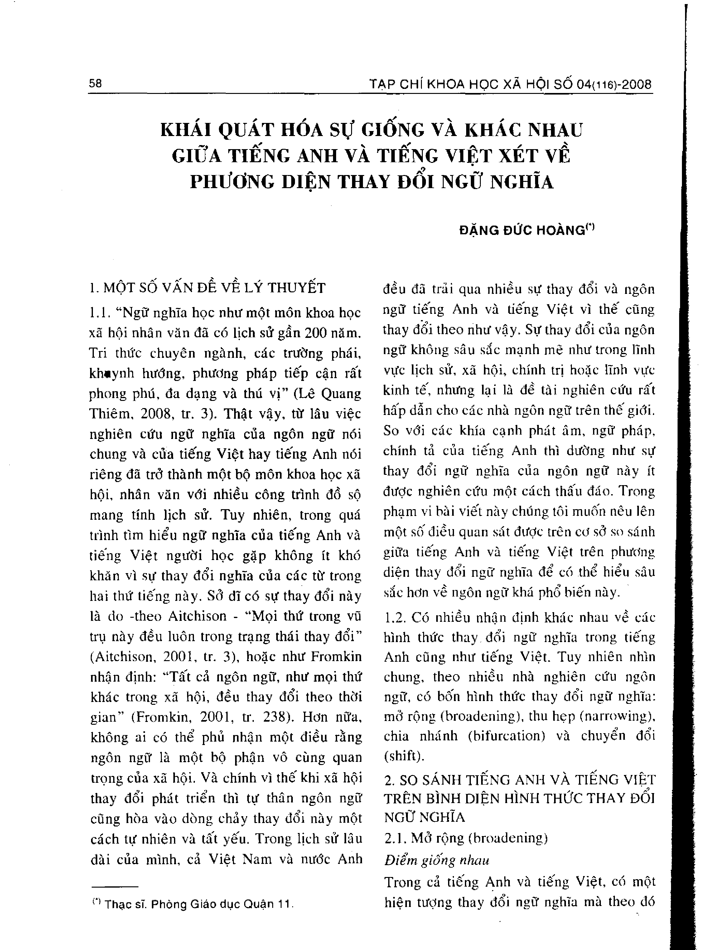 Khái quát hóa sự giống và khác nhau giữa tiếng Anh và tiếng Việt xét về phương diện thay đổi ngữ nghĩa