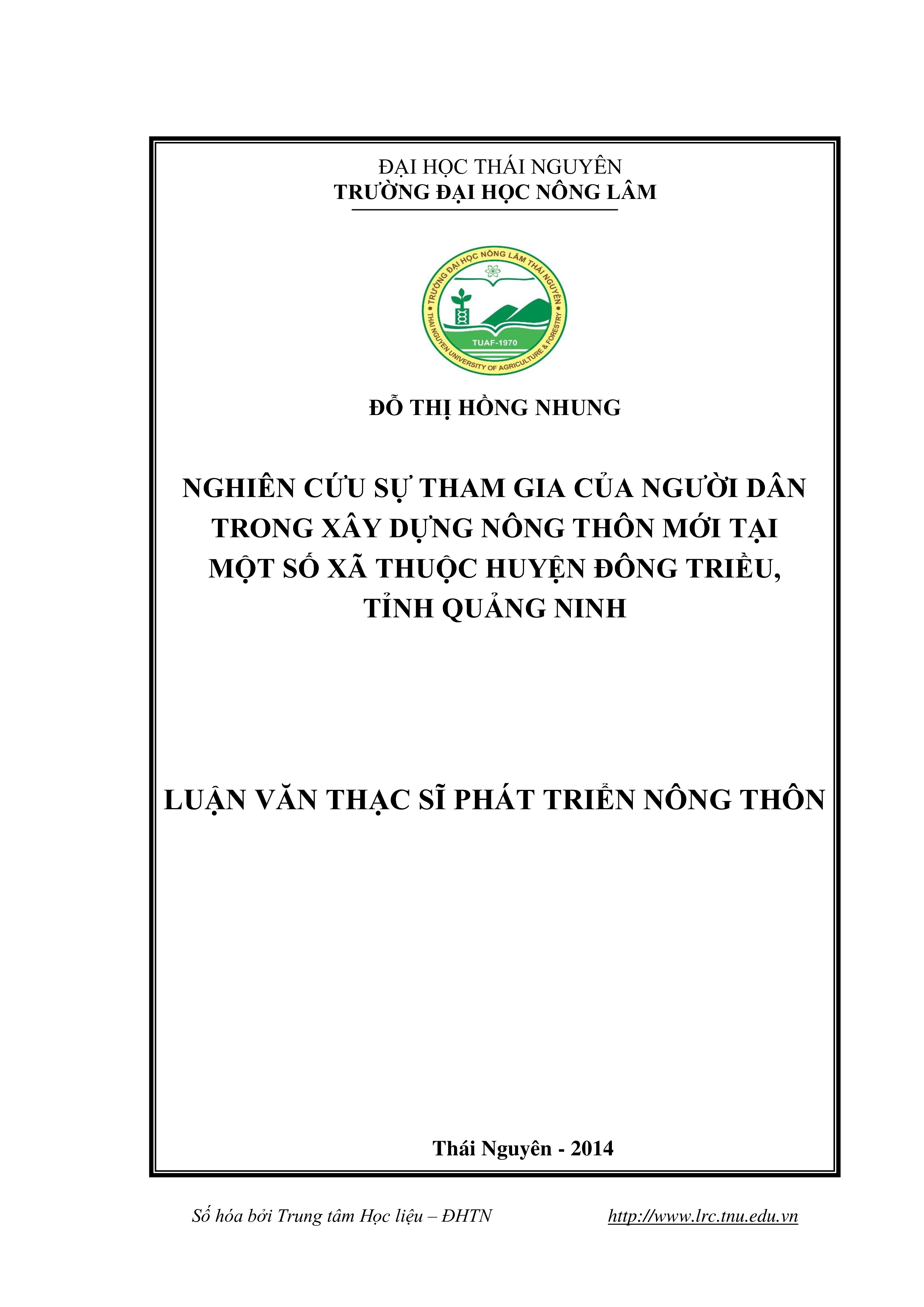 Nghiên cứu sự tham gia của người dân trong xây dựng nông thôn mới tại một số xã thuộc huyện Đông Triều, tỉnh Quảng Ninh