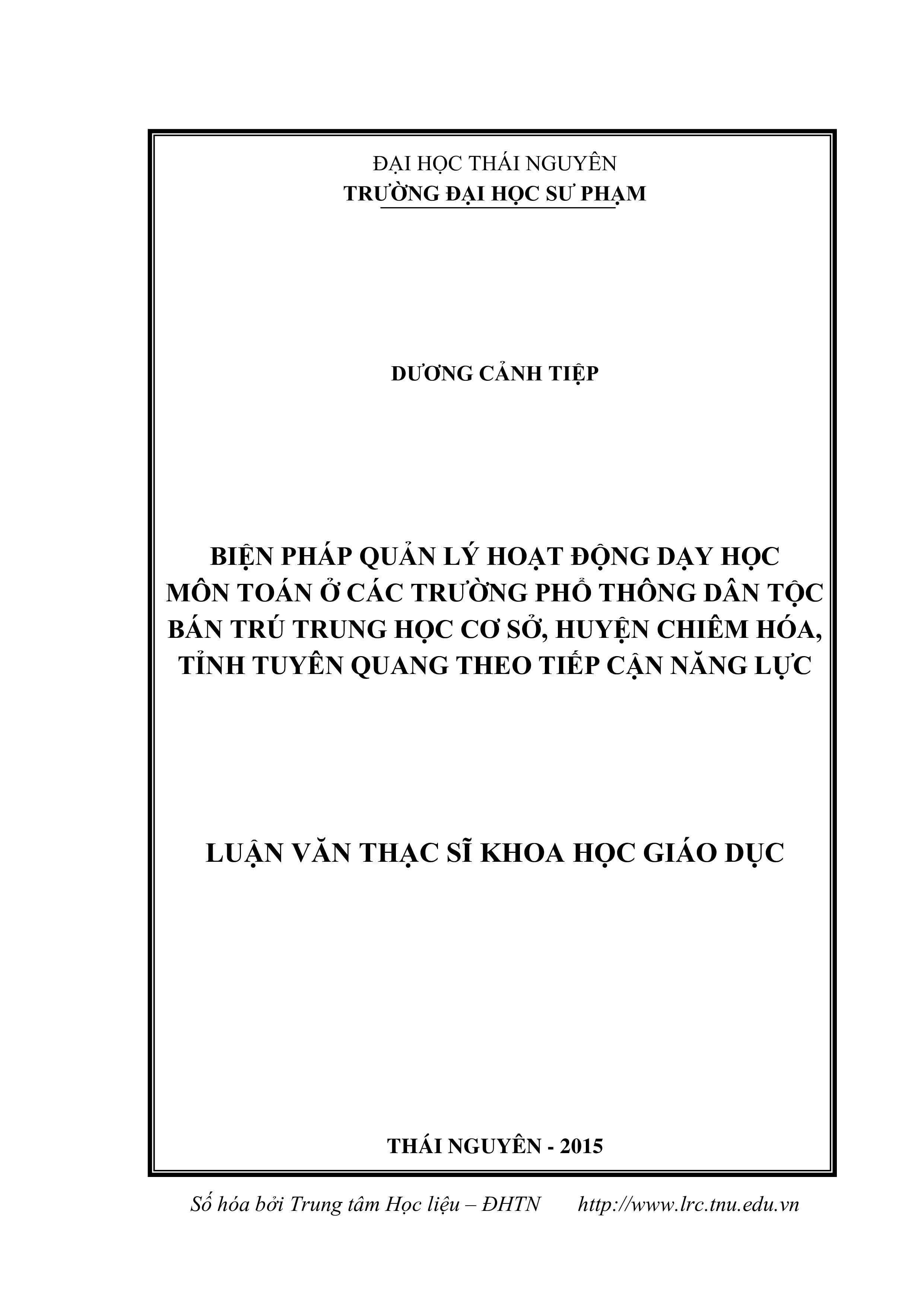 Biện pháp quản lý hoạt động dạy học môn  Toán ở các trường phổ thông dân tộc bán trú  THCS, huyện Chiêm Hóa, tỉnh Tuyên  Quang theo tiếp cận năng lực