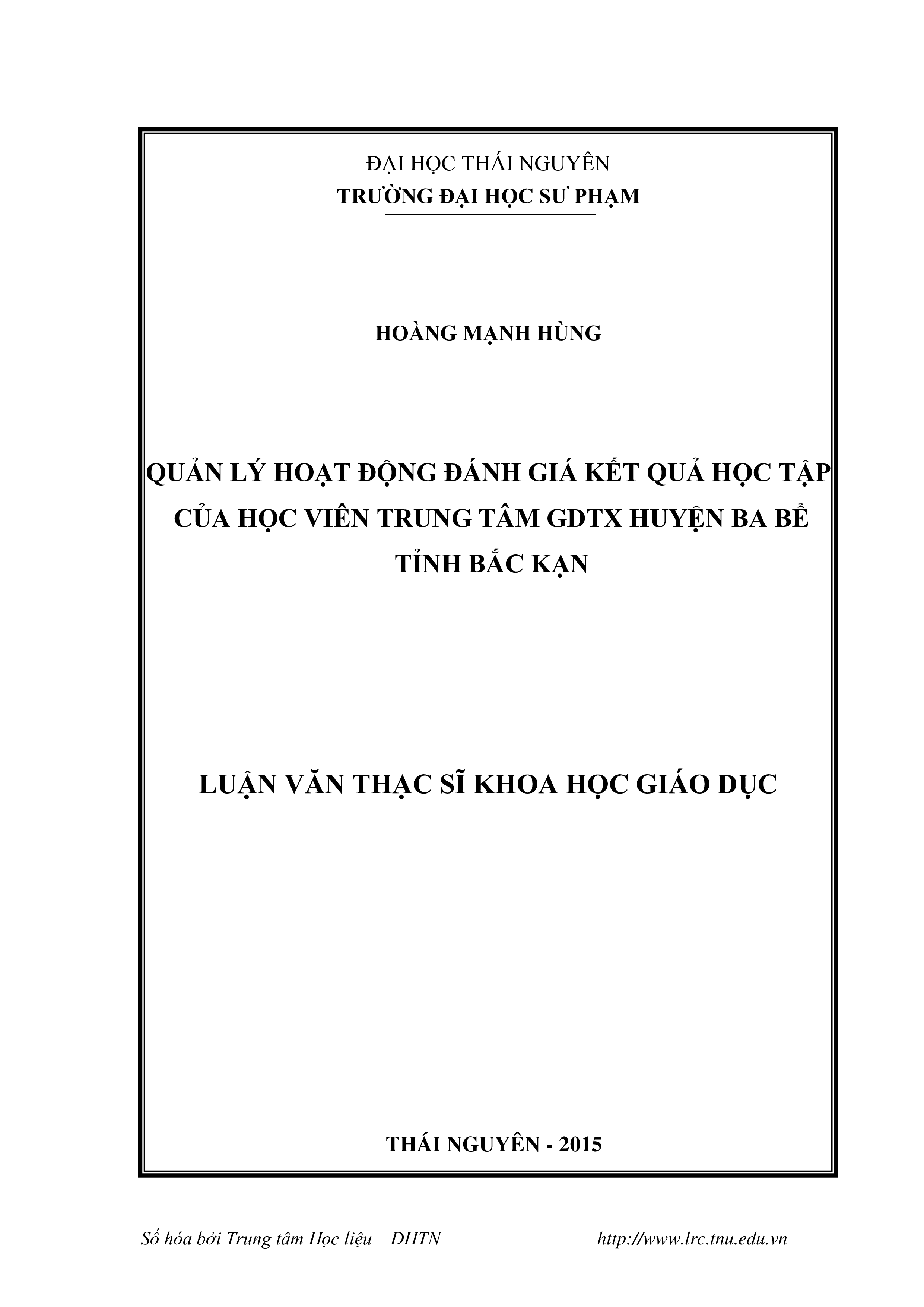 Quản lý hoạt động đánh giá kết quả học  tập của học viên tại trung tâm GDTX huyện Ba Bể tỉnh Bắc Kạn