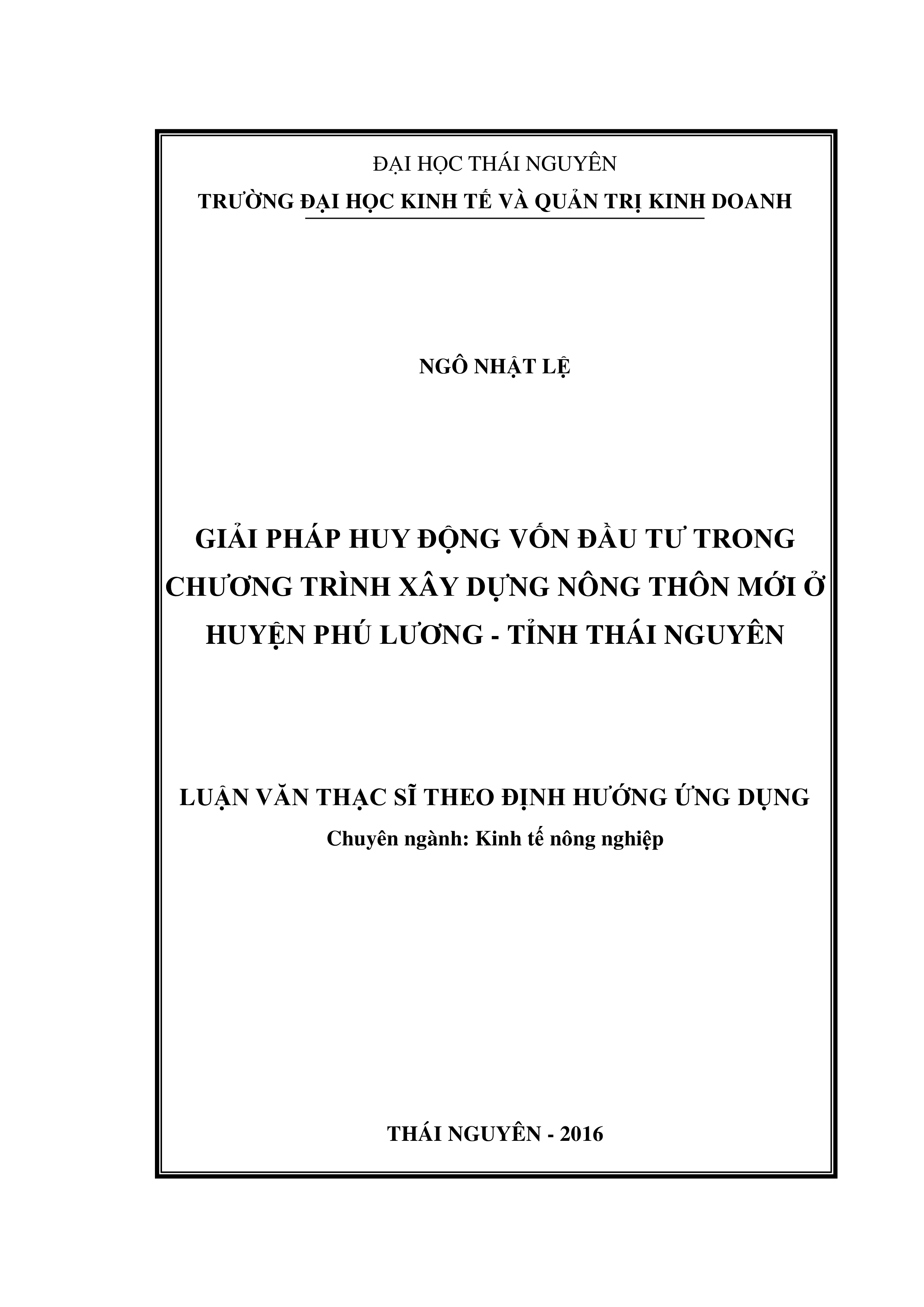 Giải pháp huy động vốn đầu tư  trong chương trình xây dựng nông thôn mới ở huyện Phú Lương - tỉnh Thái nguyên