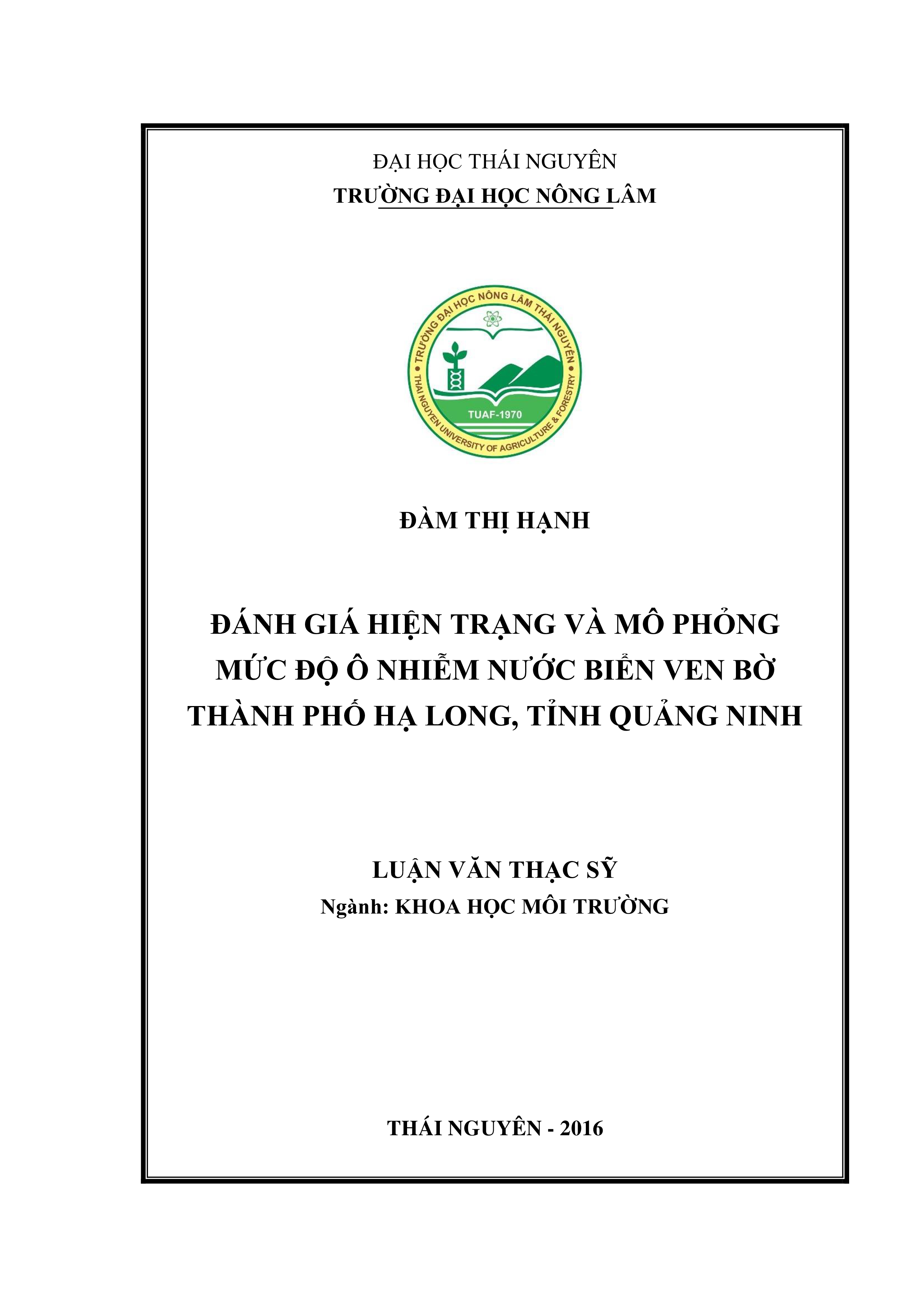 Đánh giá hiện trạng và mô phỏng mức độ ô nhiễm nước biển ven  bờ thành phố Hạ Long, tỉnh Quảng Ninh