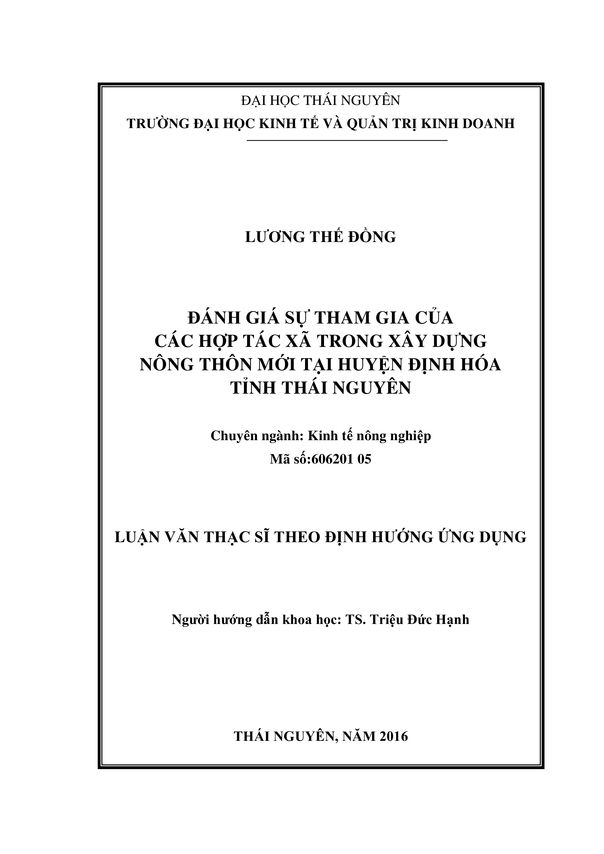 Đánh giá sự tham gia của  các hợp tác xã trong xây dựng nông thôn mới tại huyện Định Hóa tỉnh Thái  Nguyên