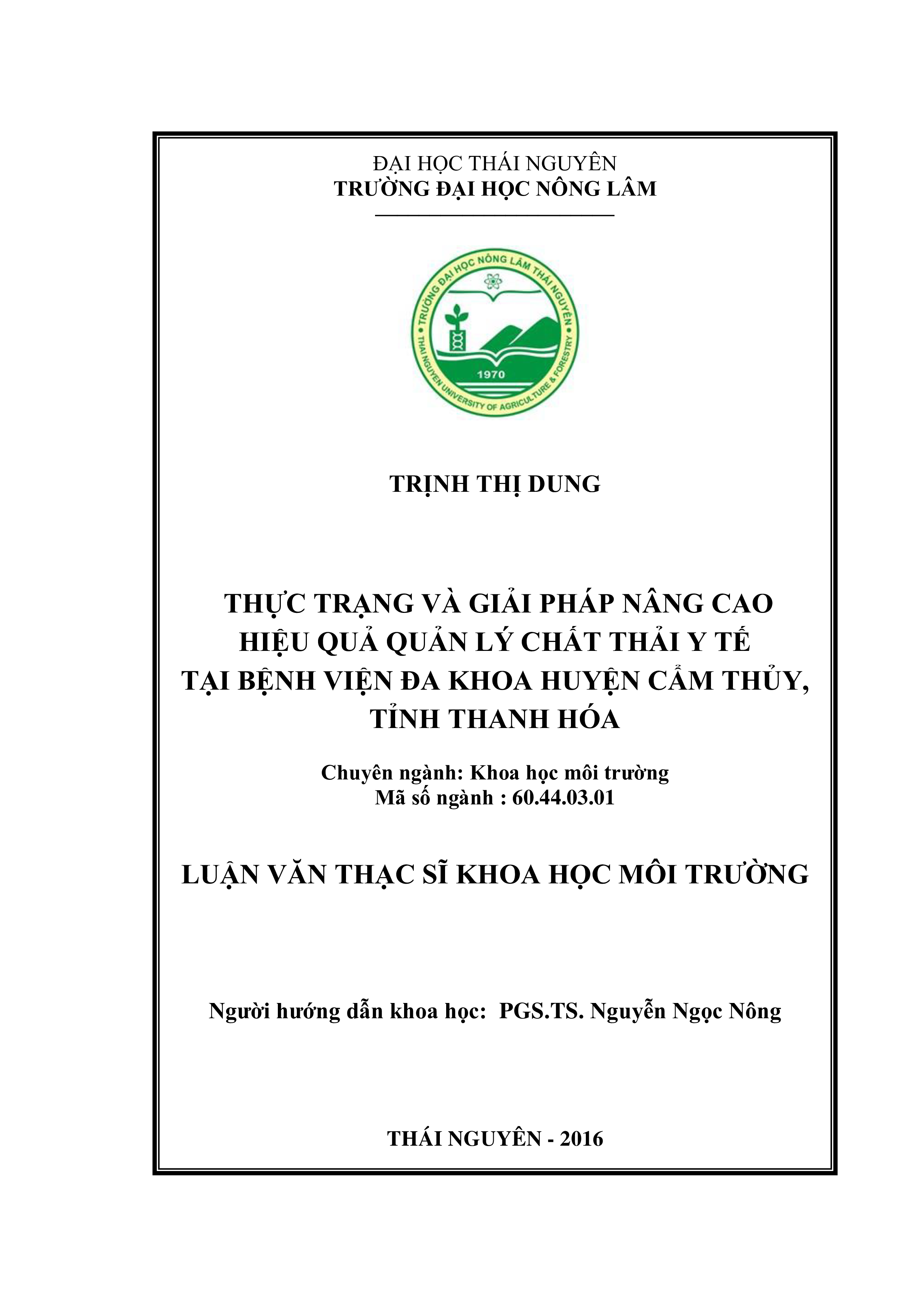 Thực trạng và giải pháp nâng cao hiệu quả quản lý chất thải  y tế  tại Bệ nh viện Đa khoa huyện Cẩm Thủy, tỉnh Thanh Hóa