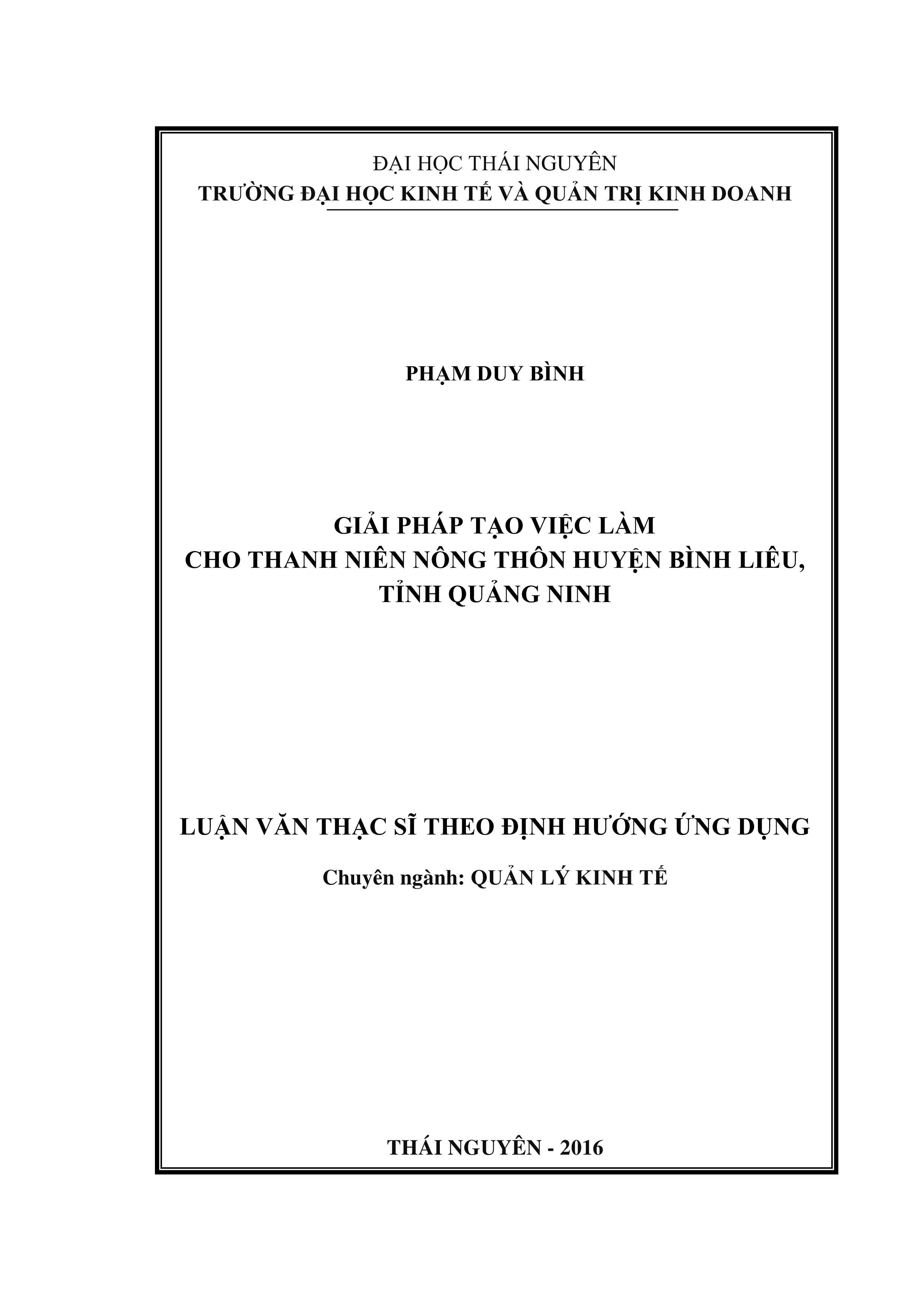 Giải pháp tạo  việc làm cho thanh niên nông thôn huyện Bình Liêu, tỉnh Quảng Ninh