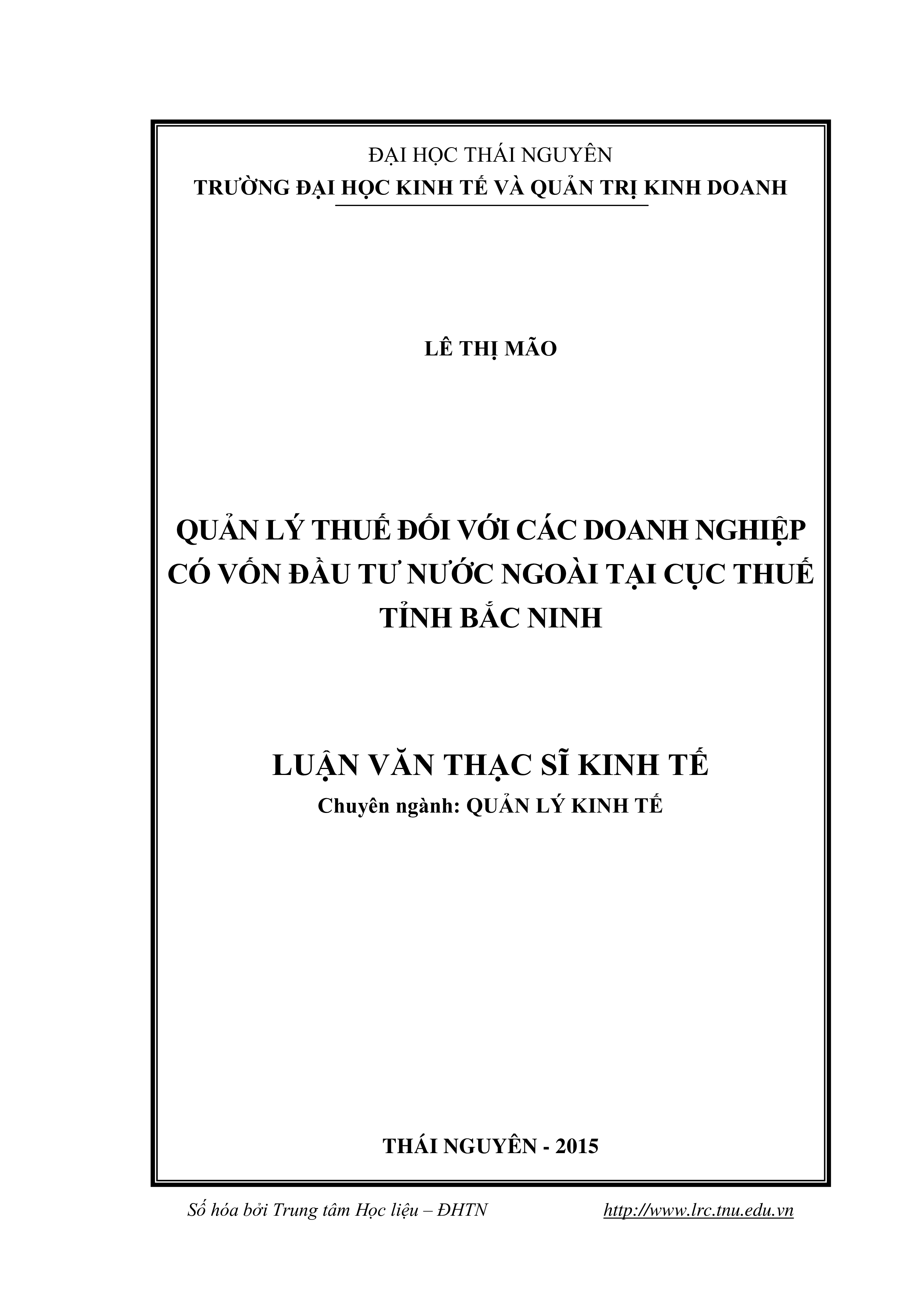 Quản lý thuế đối với các doanh nghiệp có vốn đầu tư nước ngoài tại Cục Thuế tỉnh Bắc Ninh