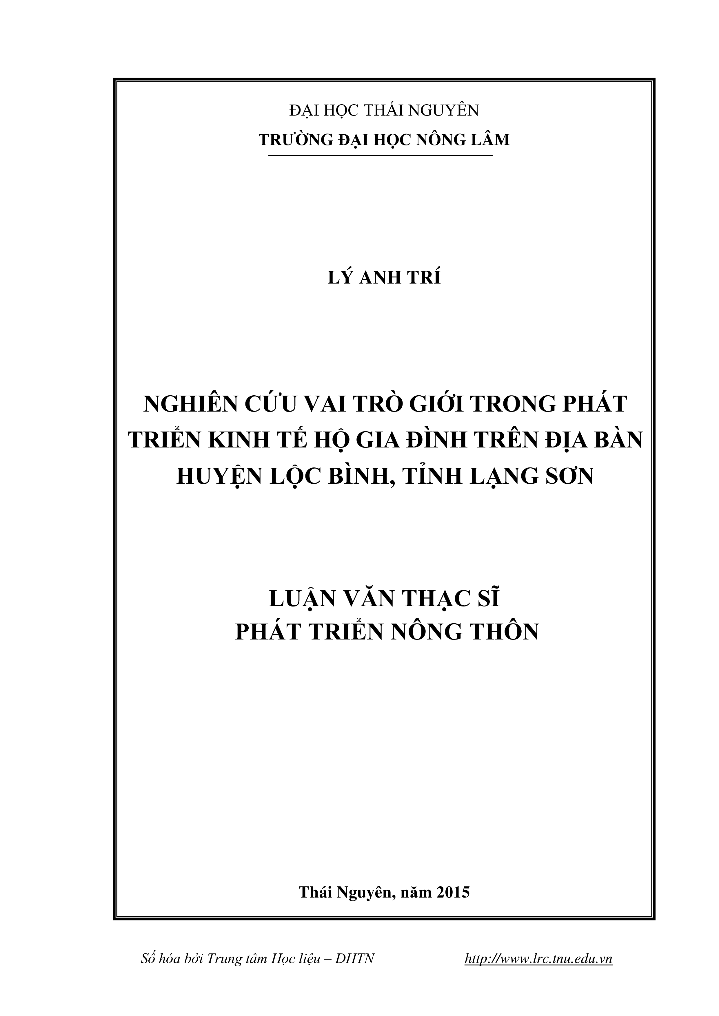 Nghiên cứu vai trò giới trong phát triển kinh tế hộ gia đình trên địa bàn huyện Lộc Bình, tỉnh Lạng Sơn