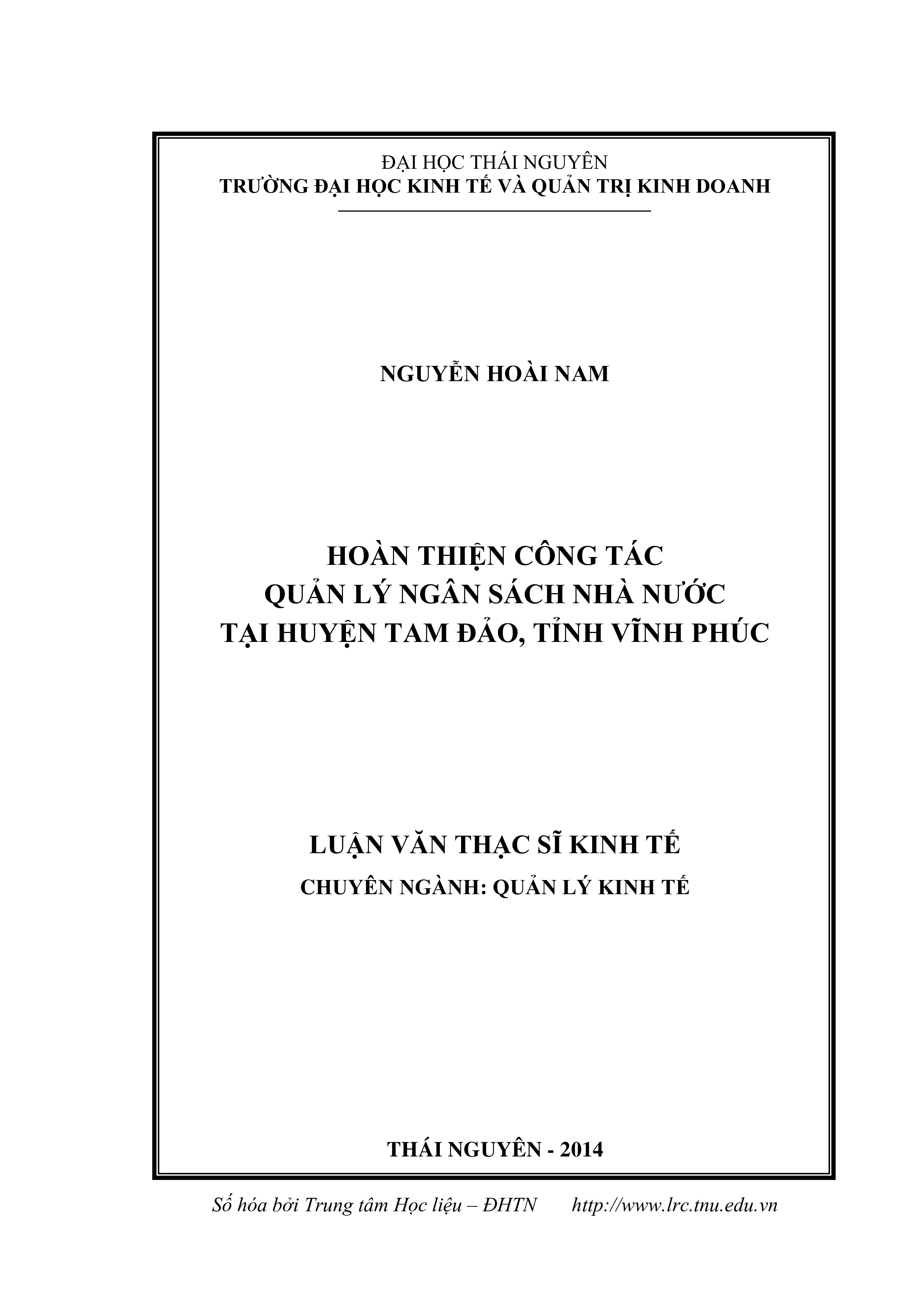 Hoàn thiện công tác quản lý ngân sách  nhà nước tại huyện Tam Đảo, tỉnh Vĩnh Phúc