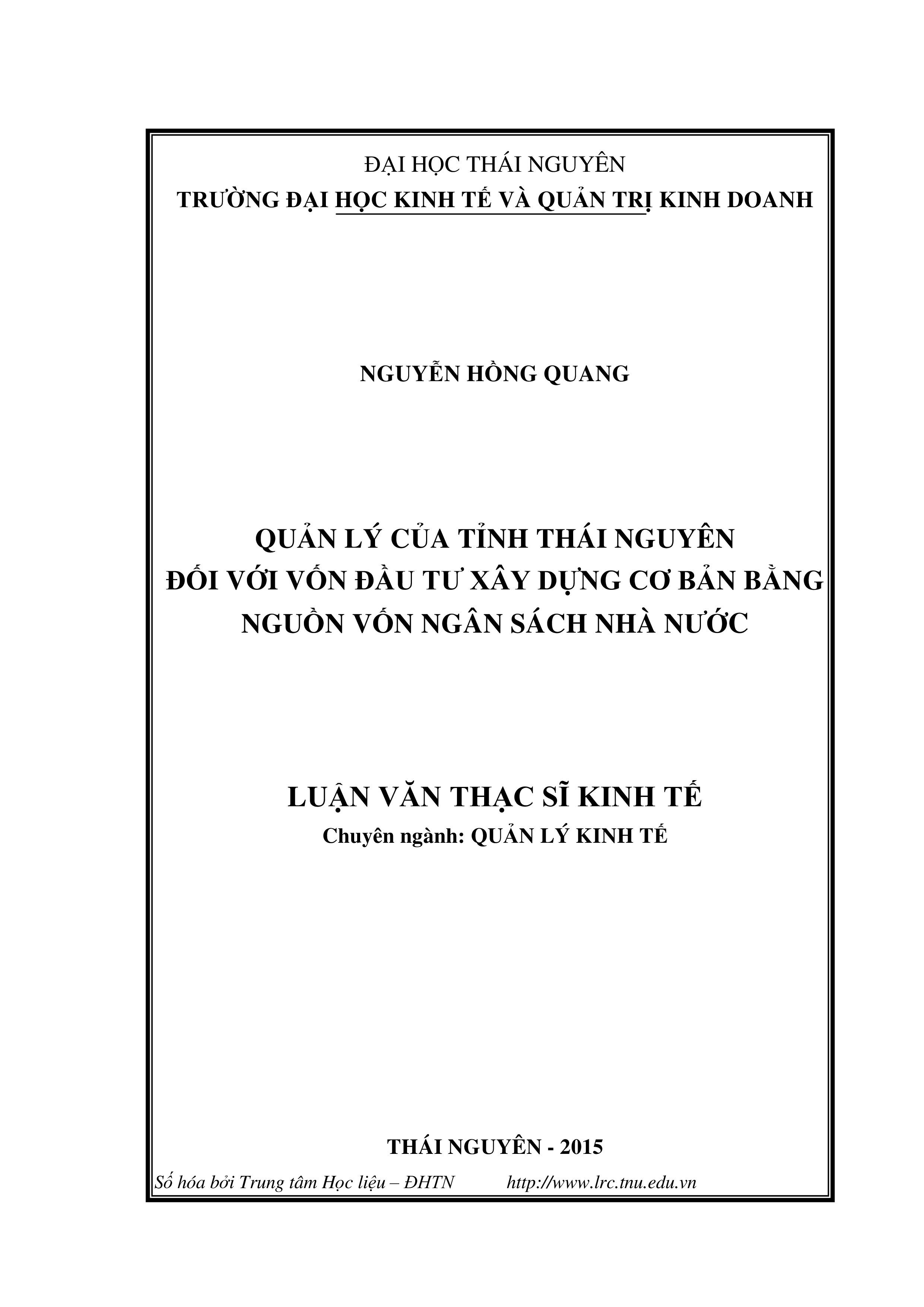 Quản lý của tỉnh Thái Nguyên đối  với vốn đầu tư xây dựng cơ bản bằng nguồn vốn ngân sách Nhà nước
