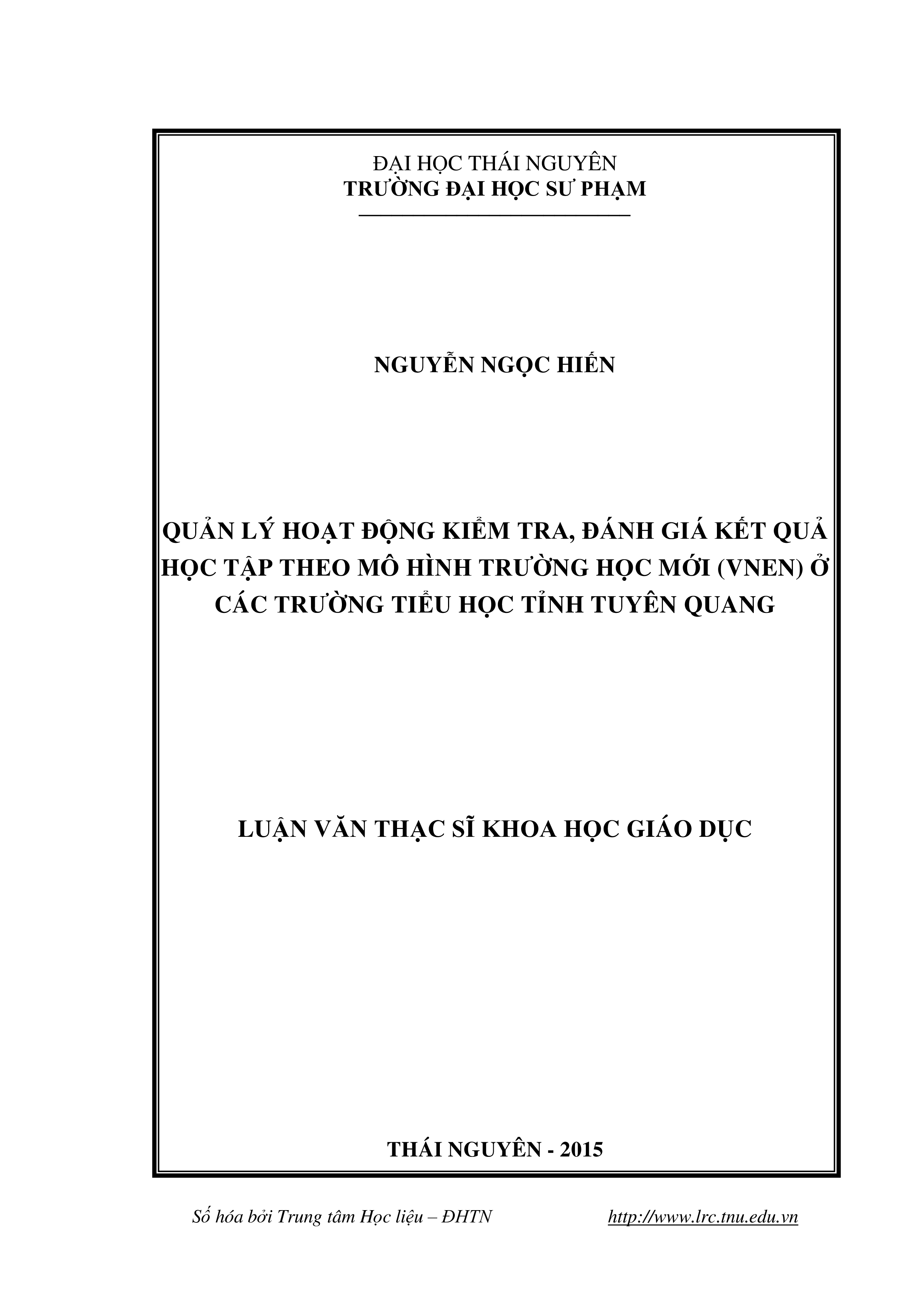 Quản lý  hoạt động kiểm tra, đánh giá kết quả học tập theo mô hình trường học mới ở các trường tiểu học tỉnh Tuyên Quang