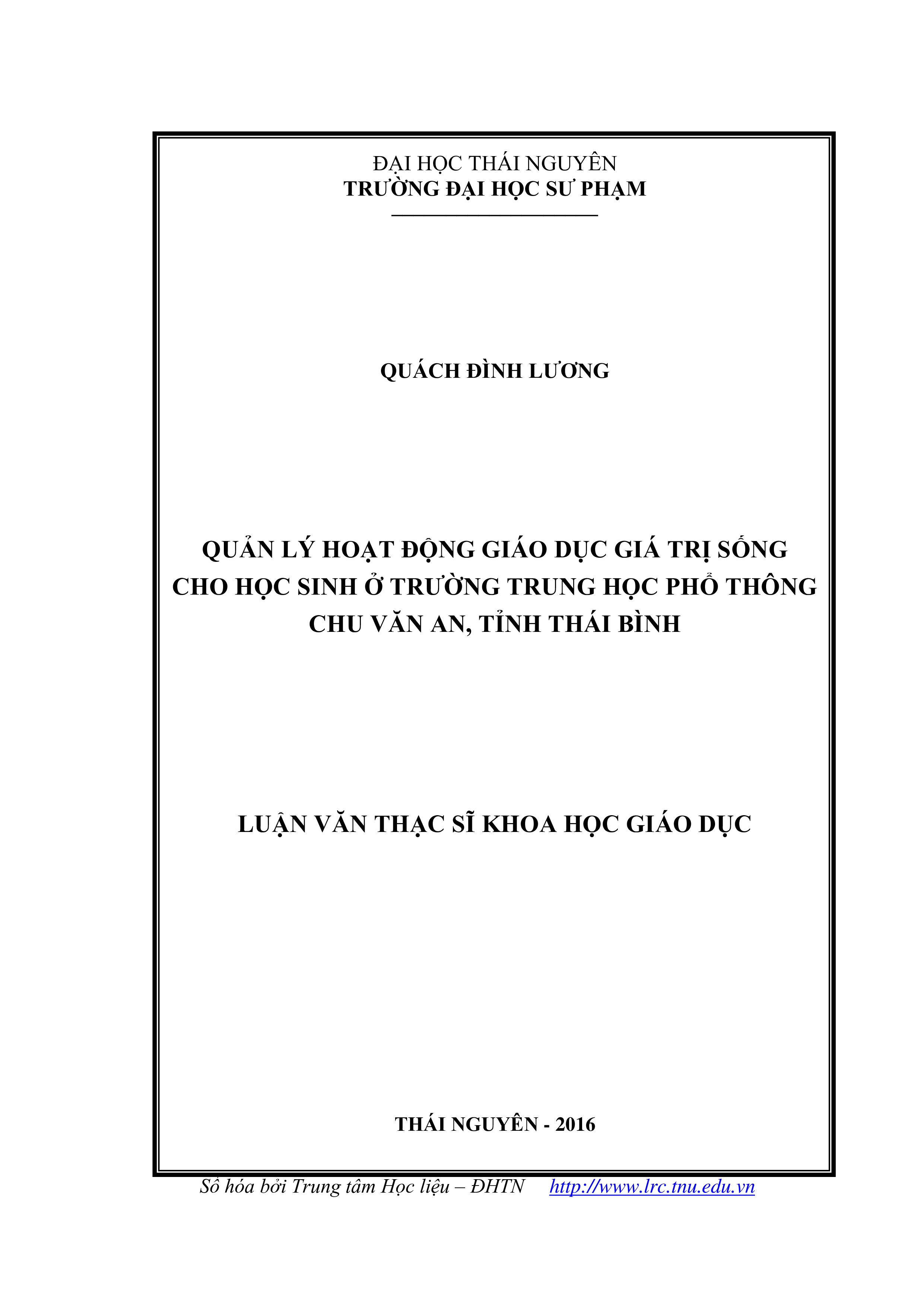 Quản lý hoạt động giáo dục giá trị sống cho học sinh ở trường trung học phổ thông Chu Văn An, tỉnh Thái Bình