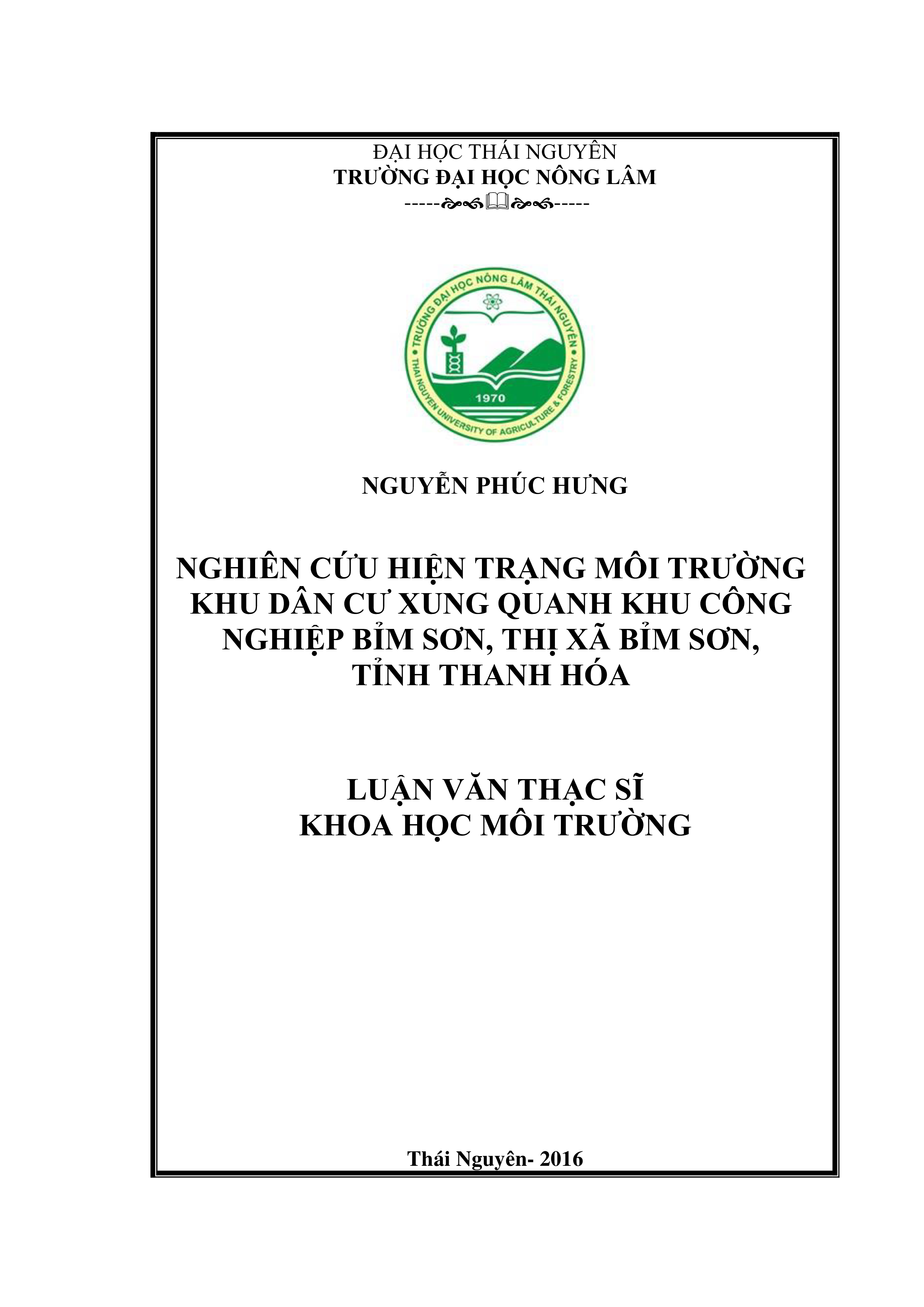 Nghiên cứu hiện trạng môi trường khu dân cư xung quanh khu công nghiệp Bỉm Sơn, thị xã  Bỉm Sơn, tỉnh Thanh Hóa