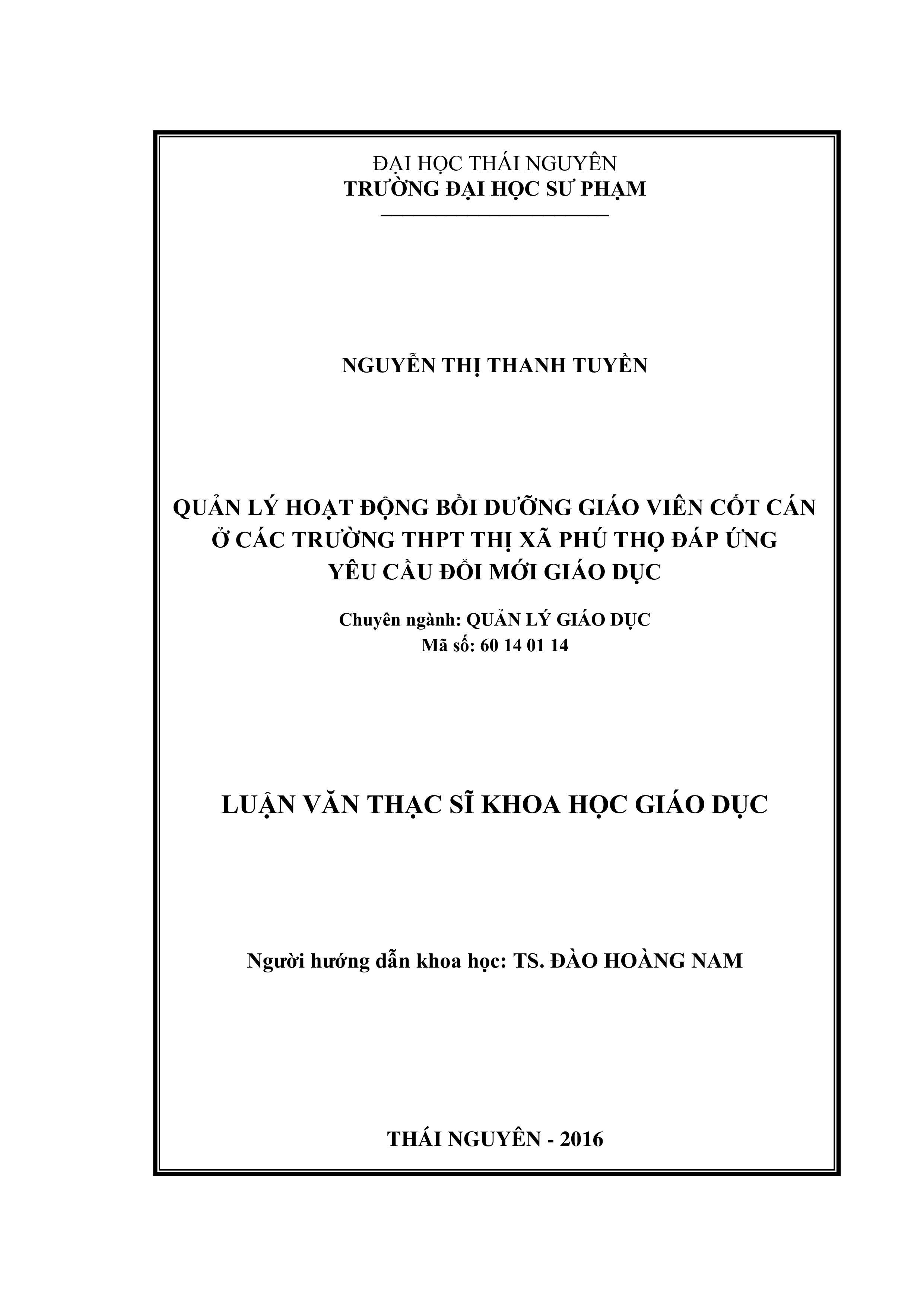 Quản lý hoạt động bồi dưỡng giáo viên cốt cán ở các trường THPT Thị xã Phú Thọ đáp ứng yêu cầu đổi mới giáo dục