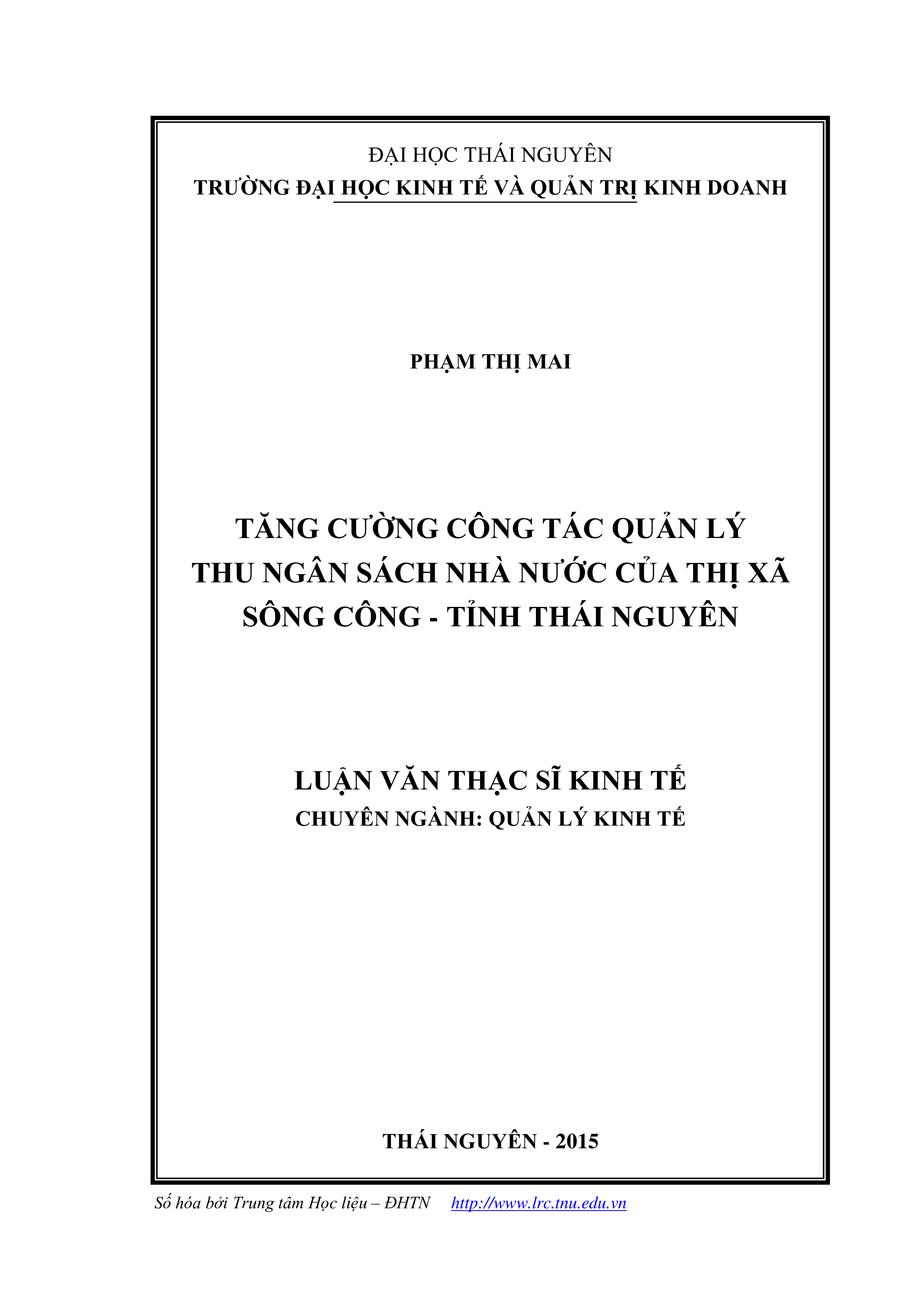 Tăng cường công tác quản lý thu ngân sách nhà nước của thị xã Sông Công, tỉnh Thái Nguyên