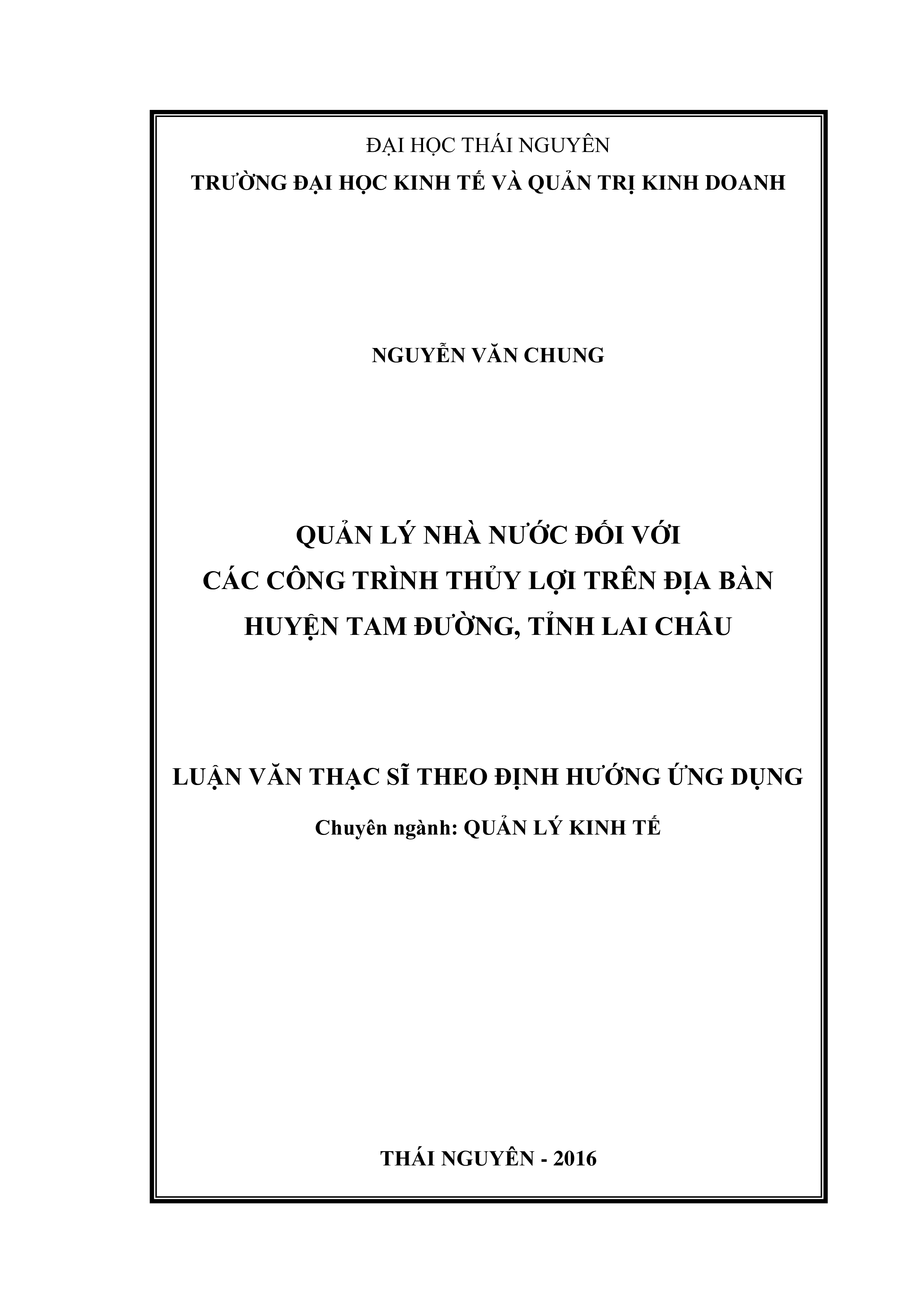 Quản lý nhà nước đối với các công trình  thủy lợi  trên địa bàn huyện Tam Đường, tỉnh Lai Châu