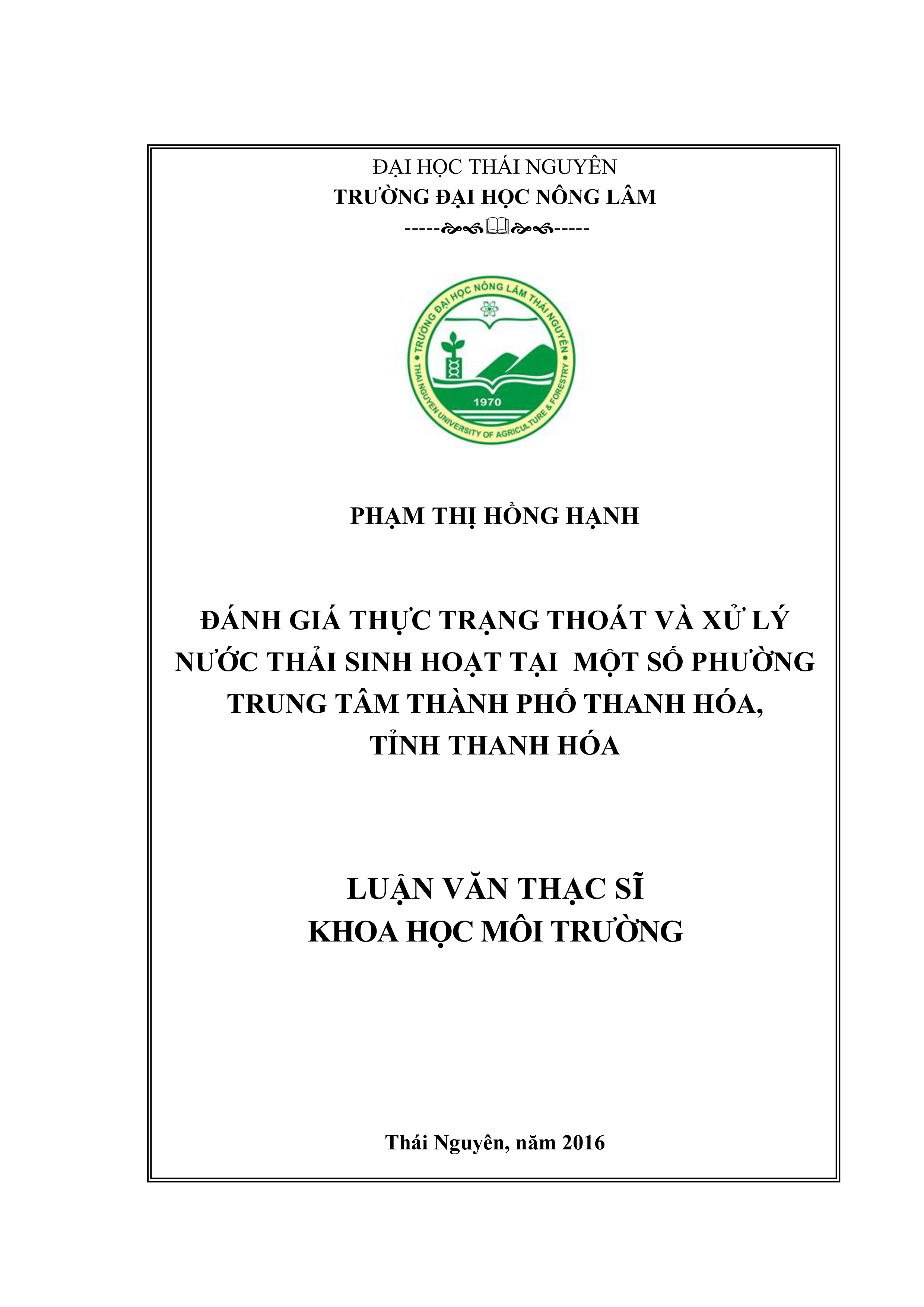 Đánh giá thực trạng thoát và xử lý nước thải  sinh hoạt tại một số phường trung tâm Thành phố Thanh Hóa, tỉnh Thanh Hóa