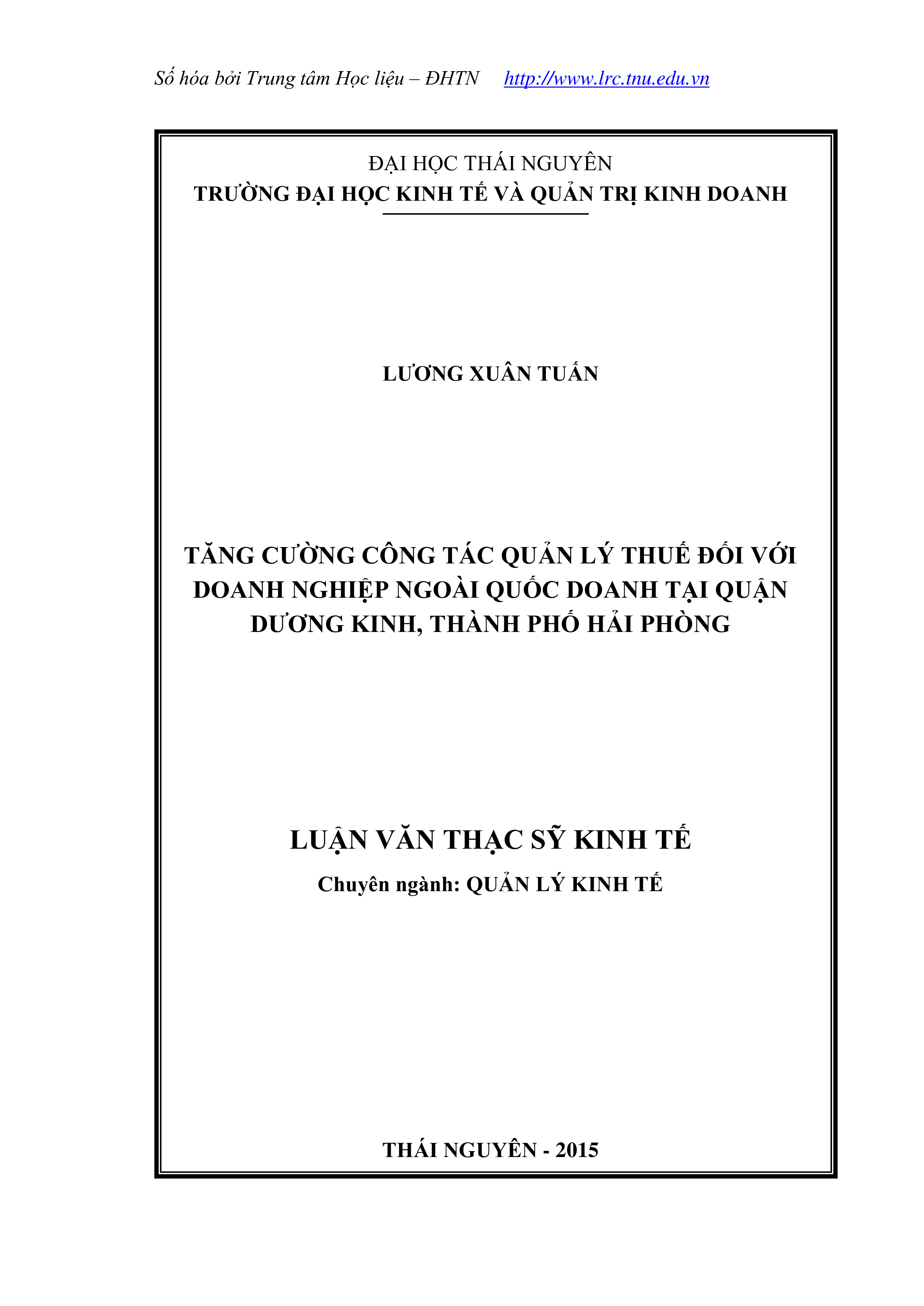 Tăng cường công tác quản lý thuế đối với doanh nghiệp ngoài quốc doanh tại Quận Dương Kinh, thành phố Hải Phòng