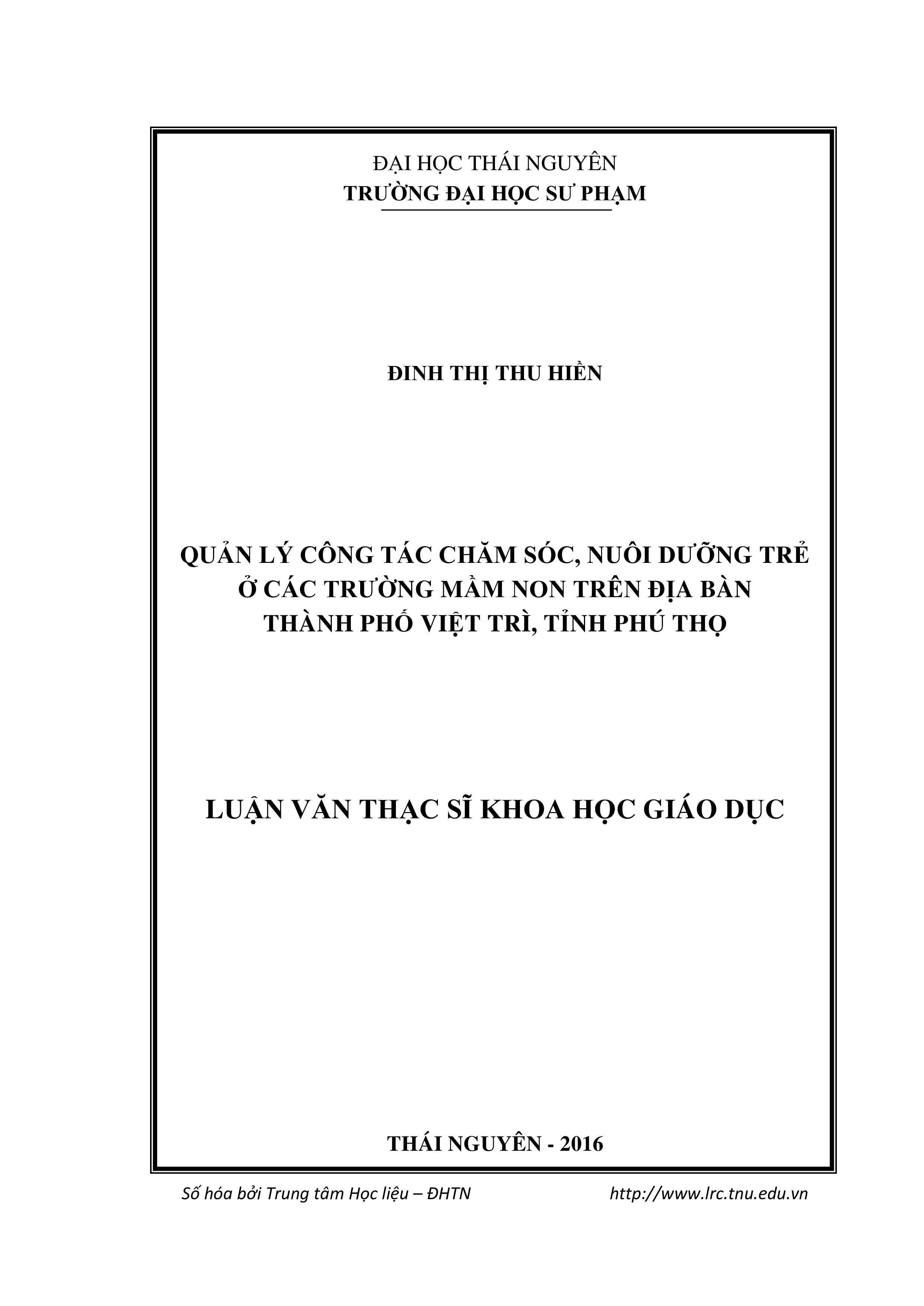 Quản lý công tác chăm sóc, nuôi dưỡng trẻ ở các trường mầm non trên địa bàn thành phố Việt Trì, tỉnh Phú Thọ