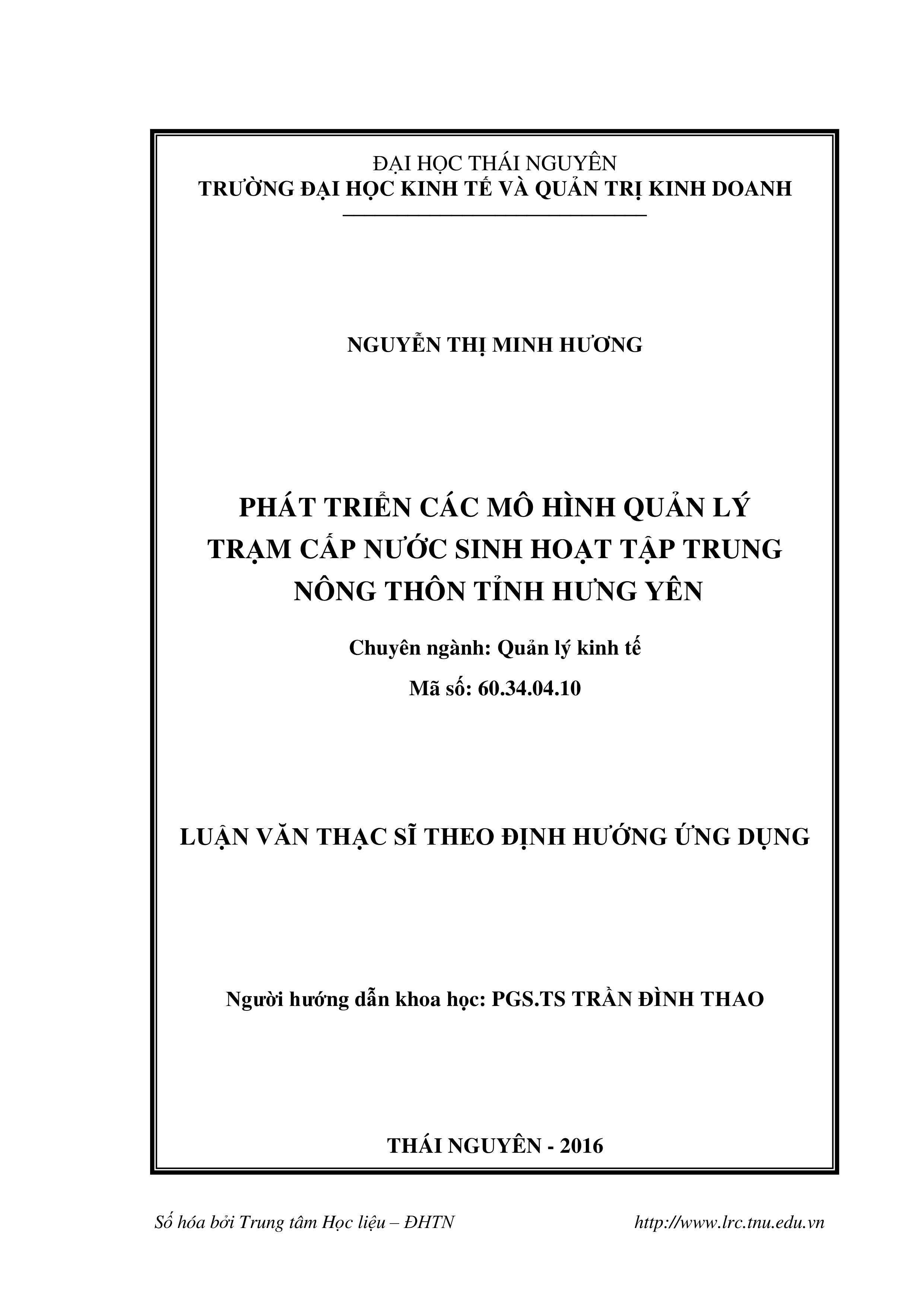 Phát triển các mô hình quản lý trạm cấp nước sinh hoạt tập trung nông thôn tỉnh Hưng Yên