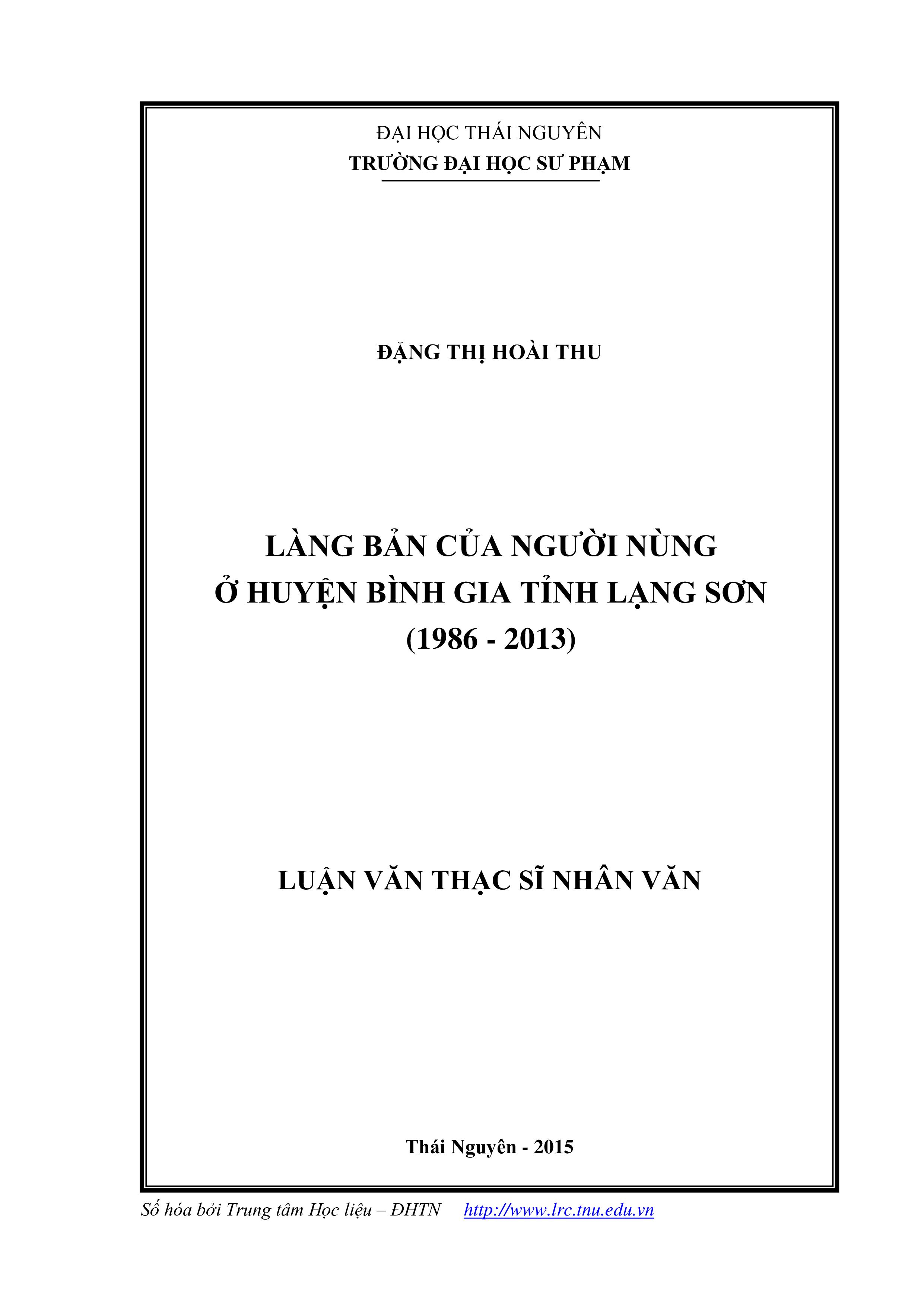 Làng bản của người nùng ở huyện Bình Gia tỉnh Lạng Sơn (1986-2013)