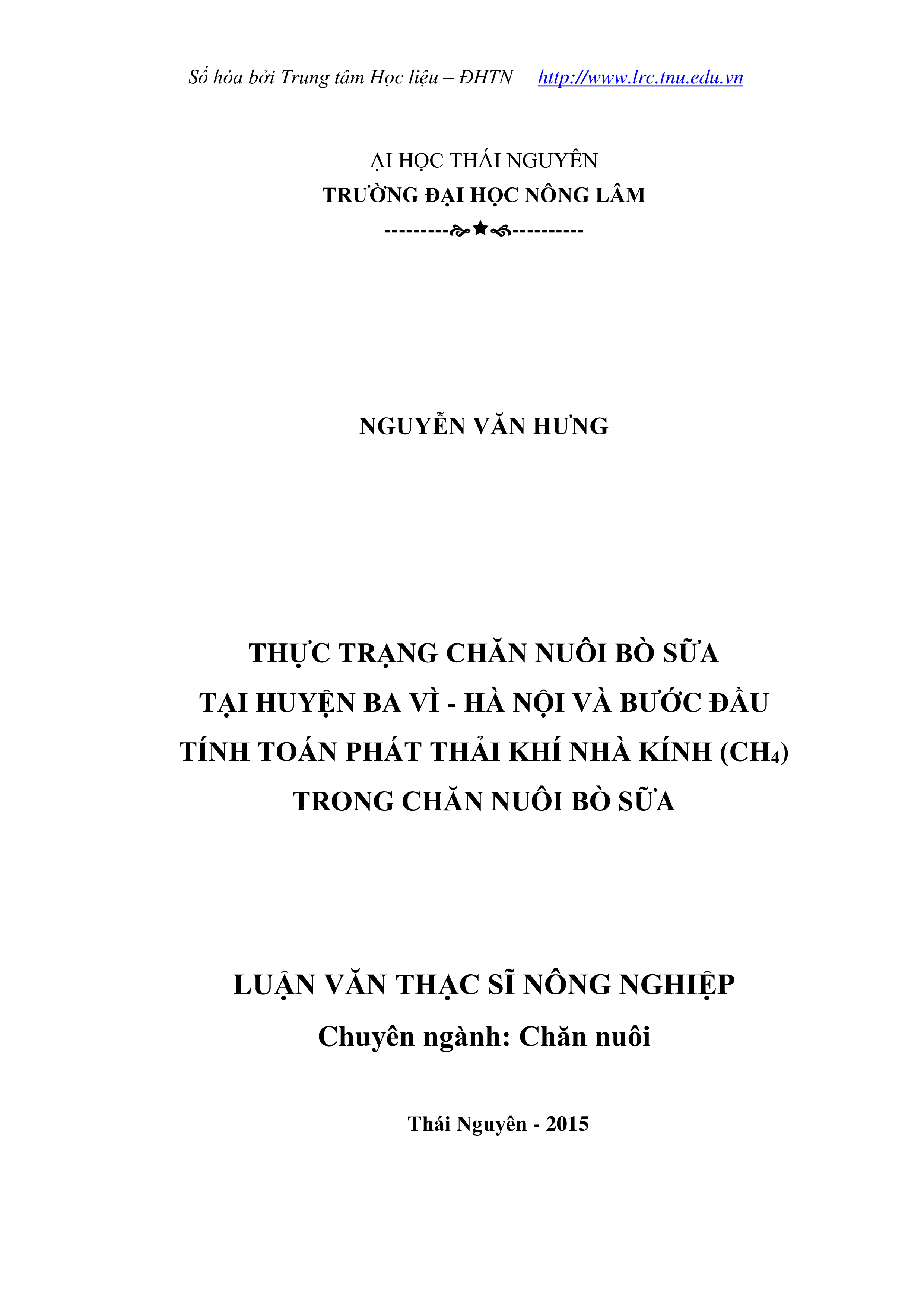 Thực trạng chăn nuôi bò sữa tại Huyện Ba Vì - Hà Nội và bước đầu tính toán phát thải khí nhà kính (CH4) trong chăn nuôi bò sữa