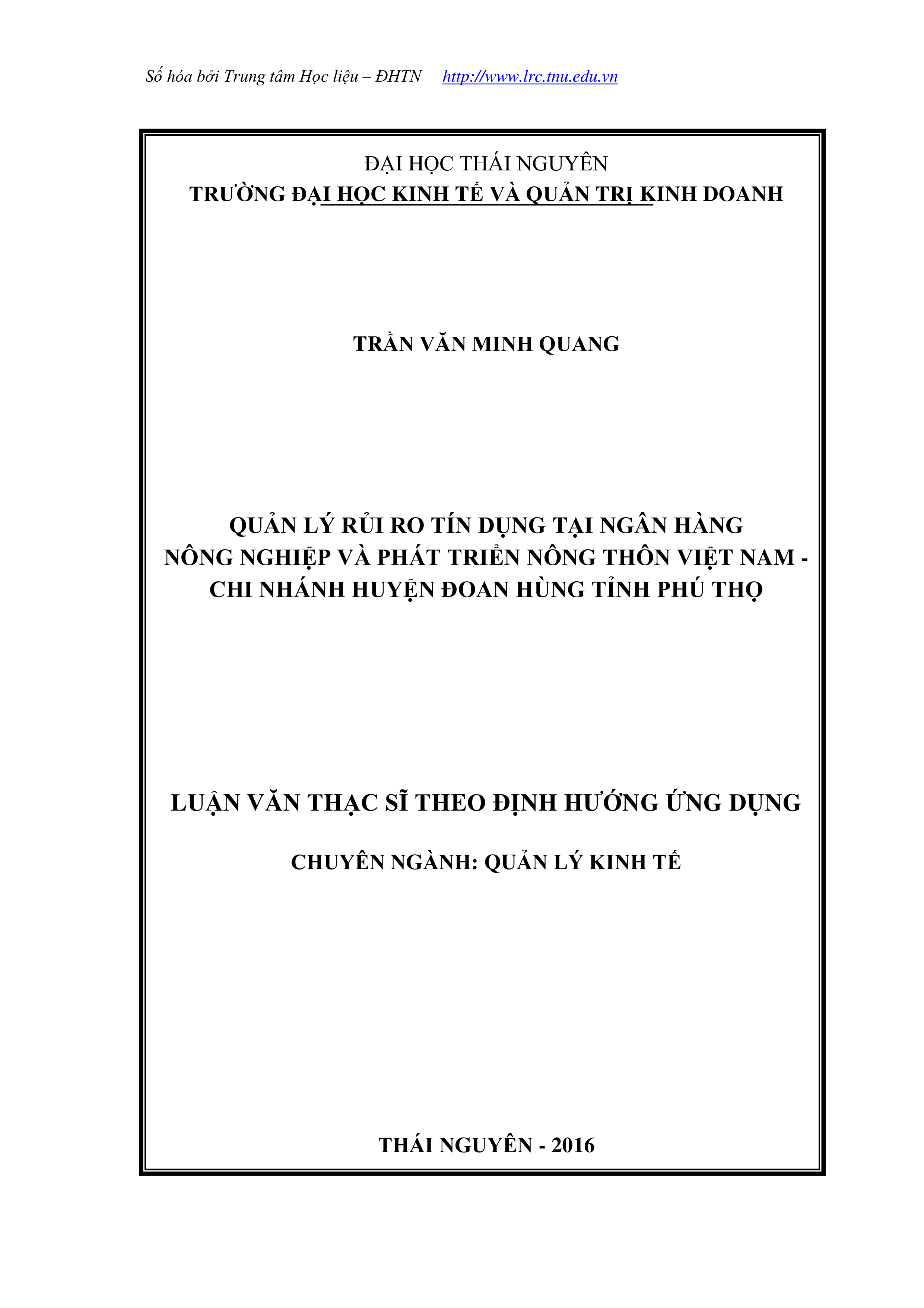 Quản lý rủi ro tín dụng tại ngân hàng nông nghiệp và phát triển nông thôn Việt Nam, chi nhánh Huyện Đoan Hùng, tỉnh Phú Thọ