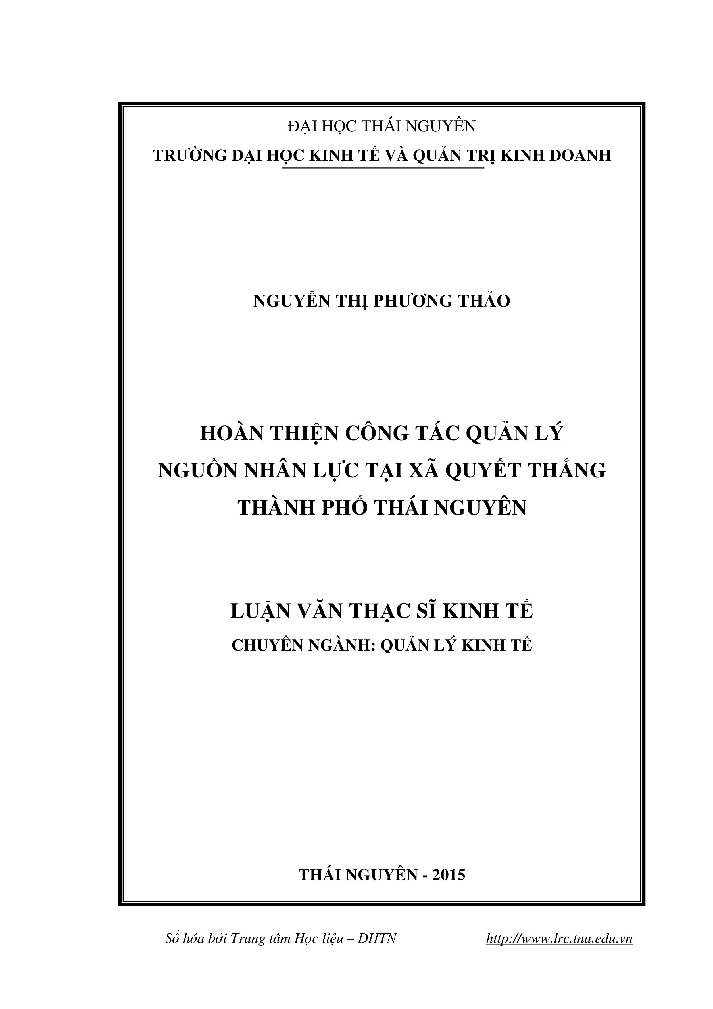 Hoàn thiện công tác quản lý nguồn nhân lực tại xã Quyết Thắng thành phố Thái Nguyên